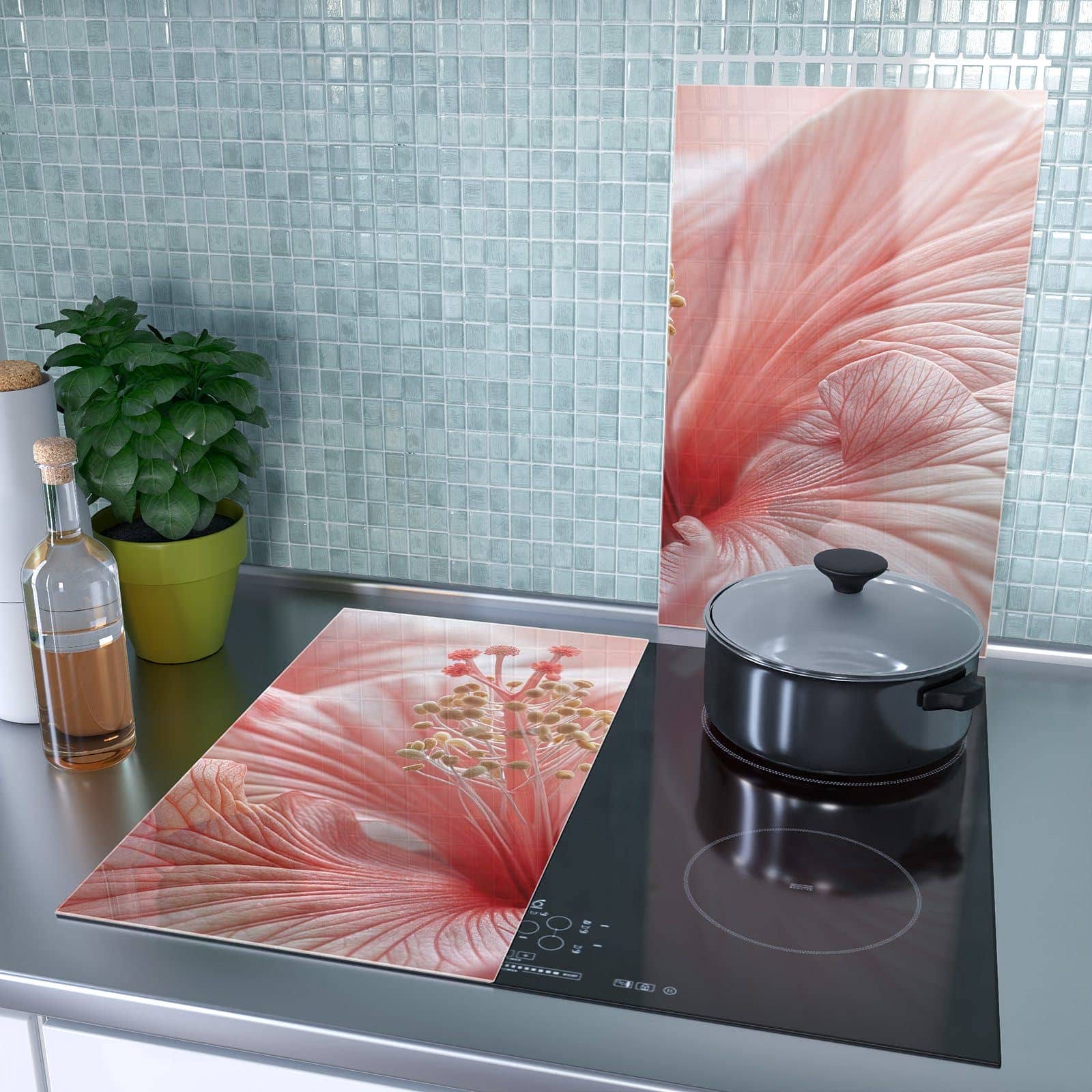 2-teilige Herdabdeckplatten aus Glas mit Blumenzauber-Motiv als Spritzschutz hinter dem Kochfeld