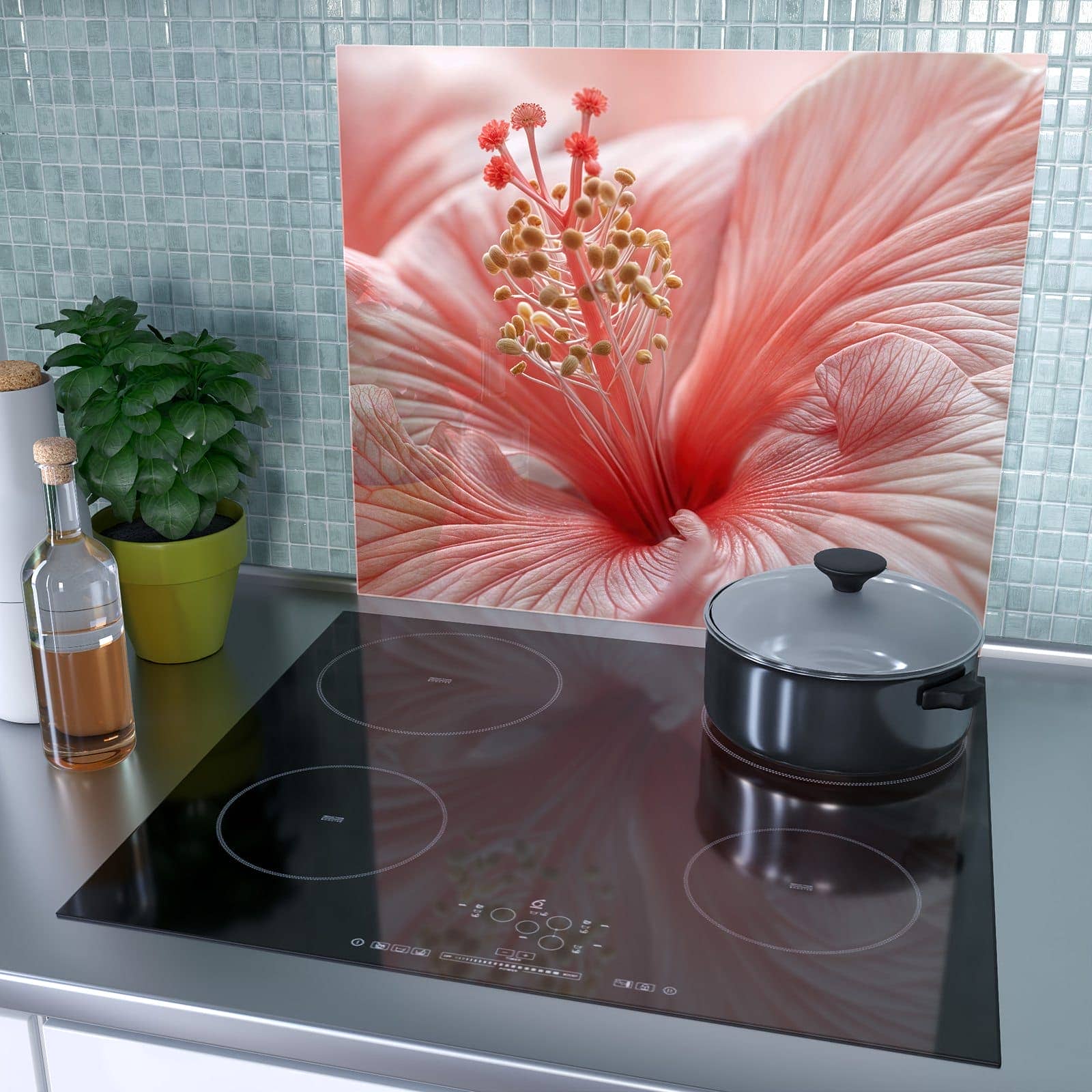 1-teilige Herdabdeckplatten für Ceranfeld mit Blumenzauber-Motiv als Spritzschutz hinter dem Kochfeld