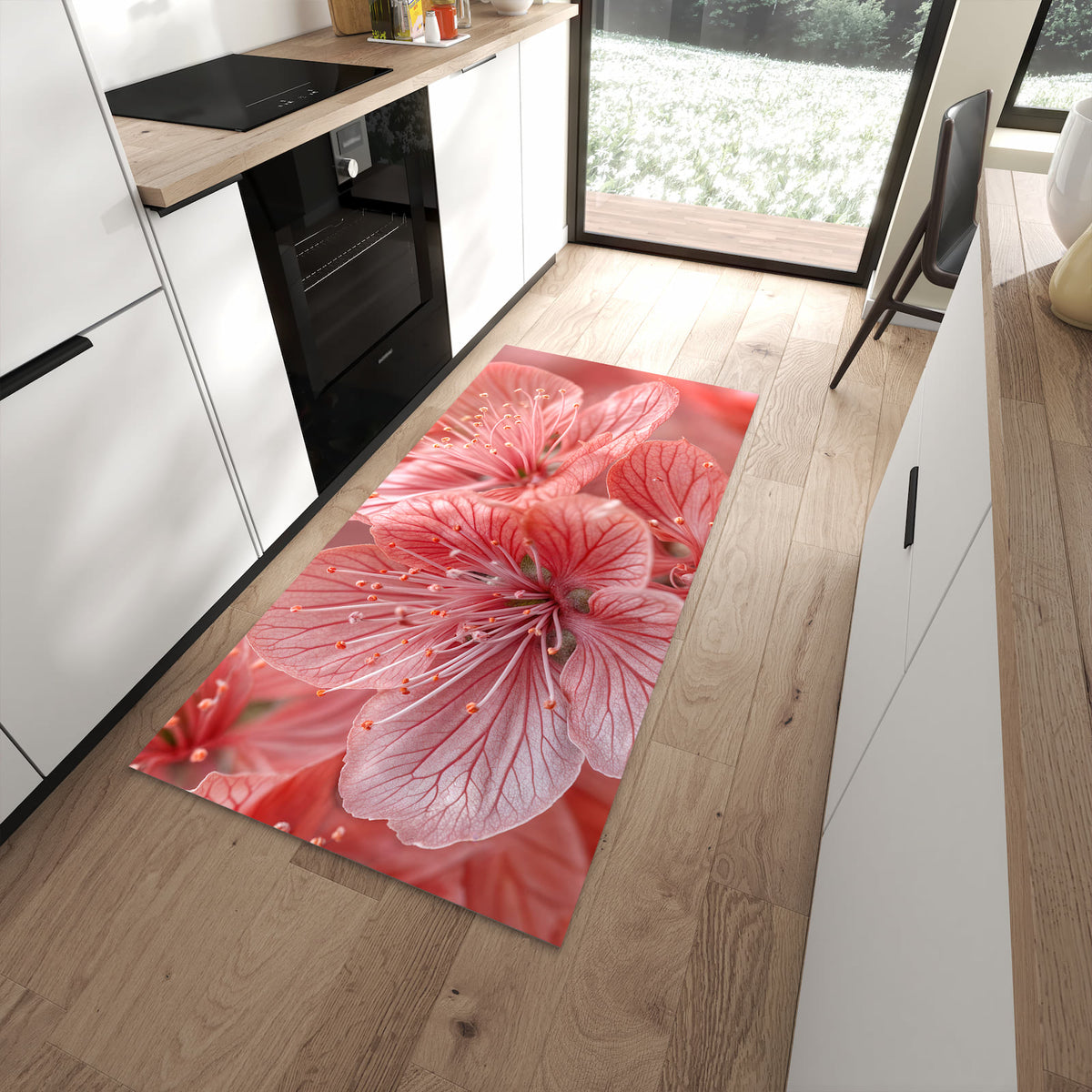 Formstabiler langer Teppich mit Motiv Stille Blumenpracht in moderner Küche