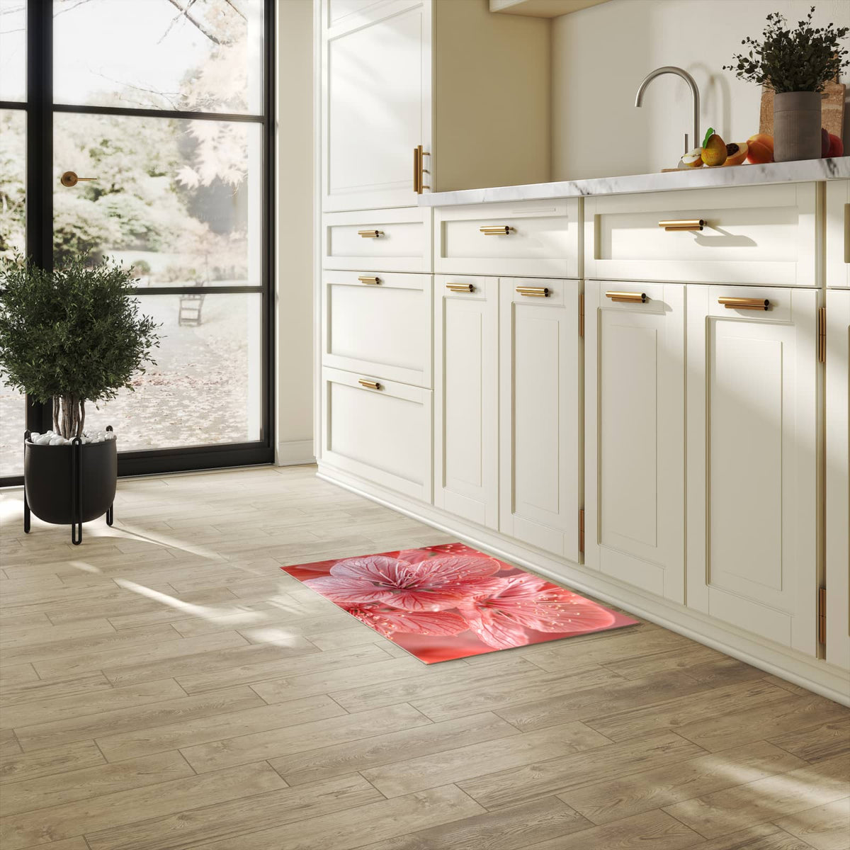 Fleckenresistenter langer Teppich mit Motiv Stille Blumenpracht in heller Küche