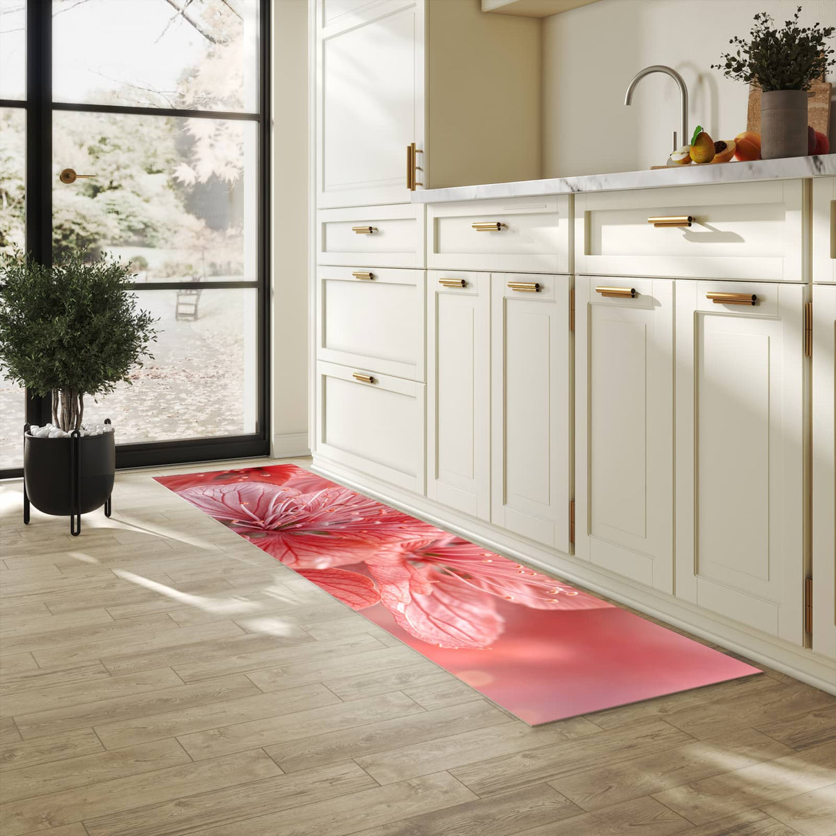 Waschbarer Küchenläufer mit Motiv Stille Blumenpracht für Trittkomfort in heller Küche