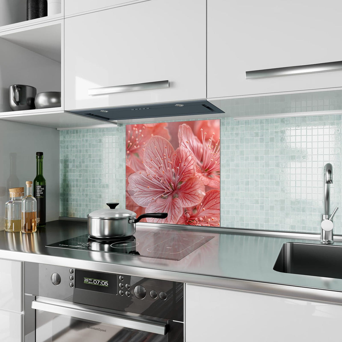 Küchenrückwand Korallenrote Blüten aus Glas – Zarte rosa Blüten im Weichzeichner