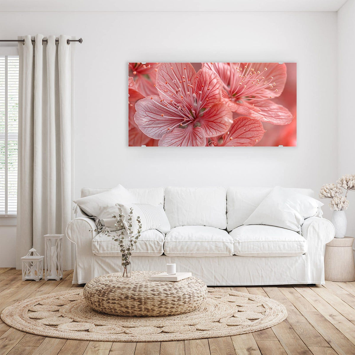 Wandbild - Korallenrote Blüten - Querformat – Zarte rosa Blüten im Weichzeichner