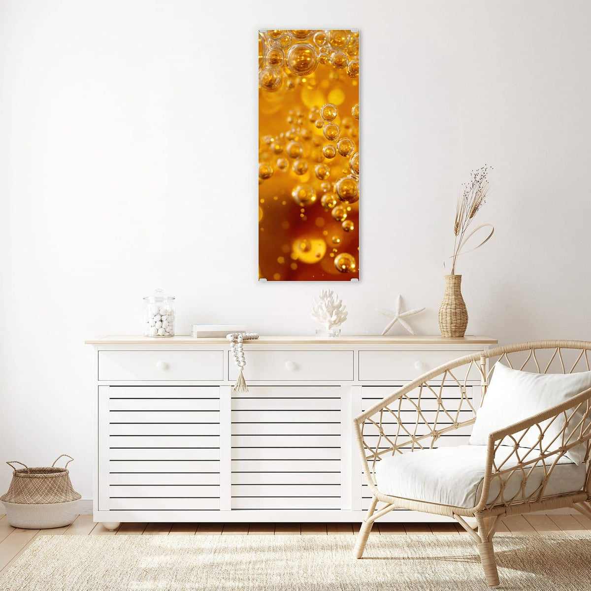 Wandbild - Sprudelnde Blasen - Hochformat – Aufsteigende Blasen in Goldgelb