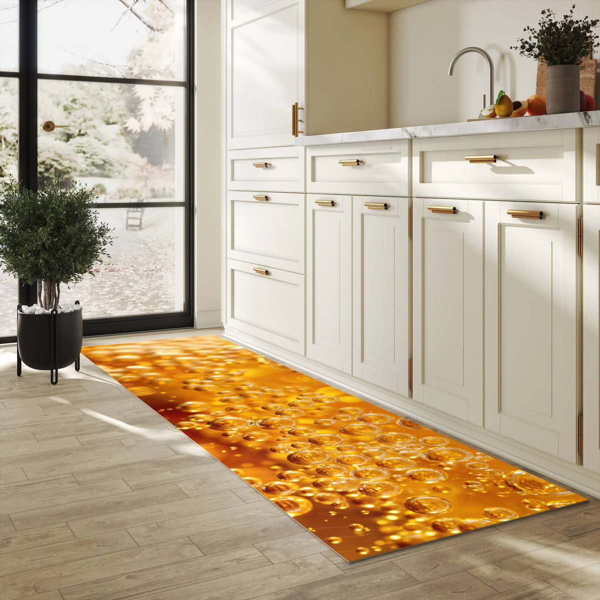 Fleckenresistenter langer Teppich mit Motiv Sprudelnde Blasen in heller Küche