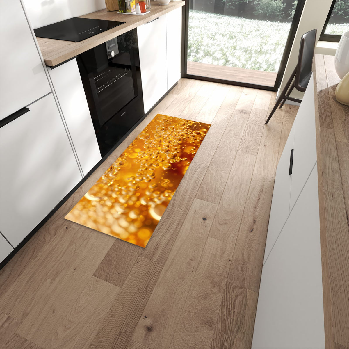 Pflegeleichter Läufer für die Küche mit Motiv Sprudelnde Blasen in moderner Küche #grösse_60 x 150 cm