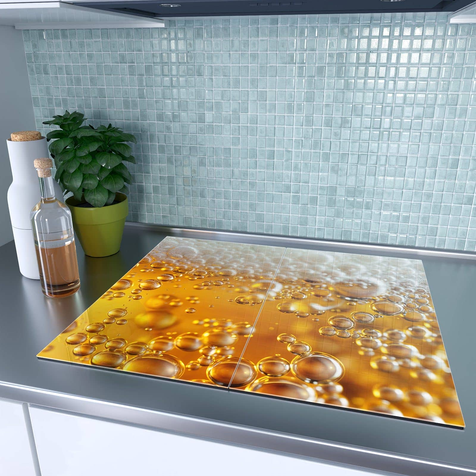 2-teilige Abdeckplatten für Ceranfeld mit Goldene Champagnerblasen-Motiv auf dem Ceranfeld
