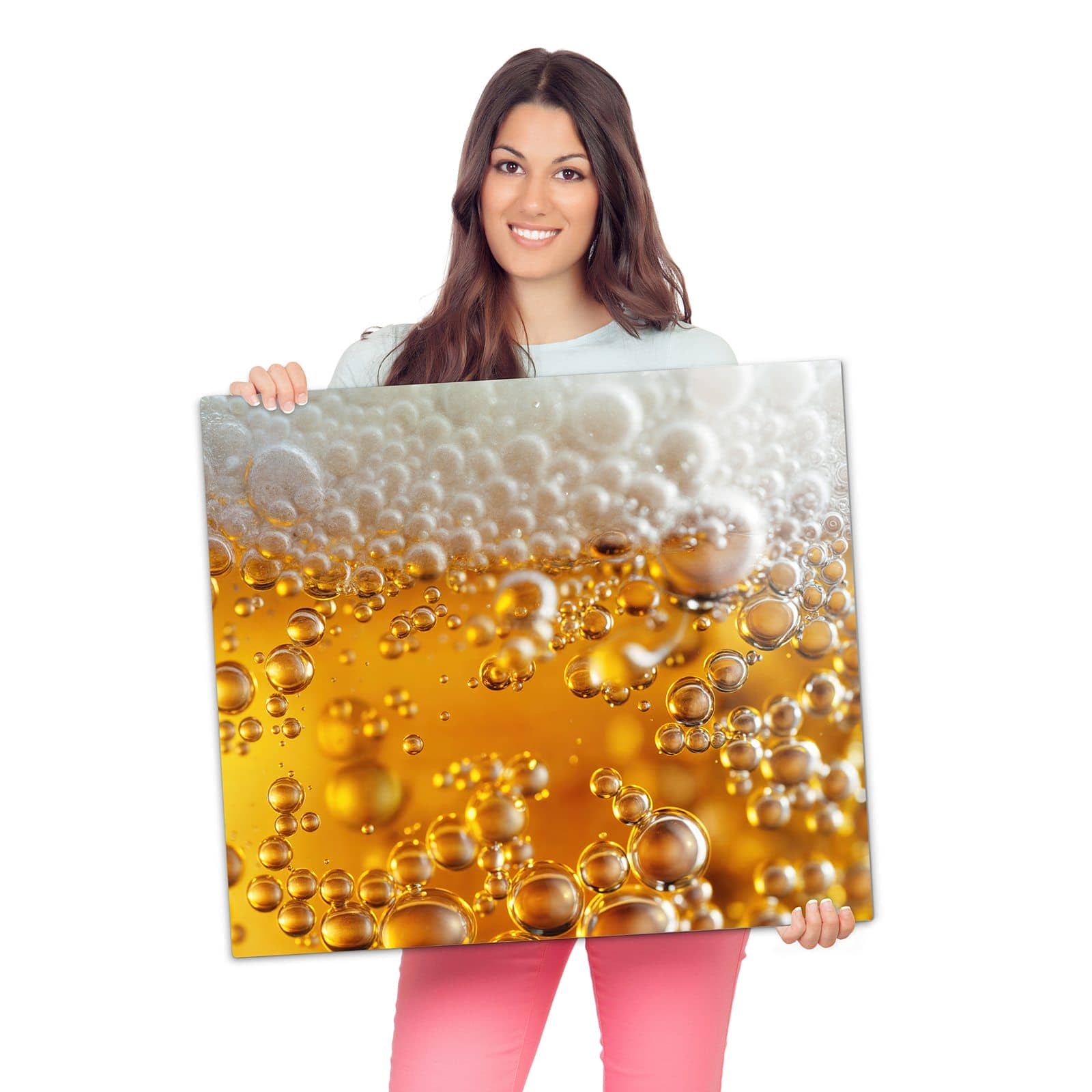Herdabdeckung für Induktionsfeld mit Goldene Champagnerblasen-Motiv wird zur Größendarstellung gehalten