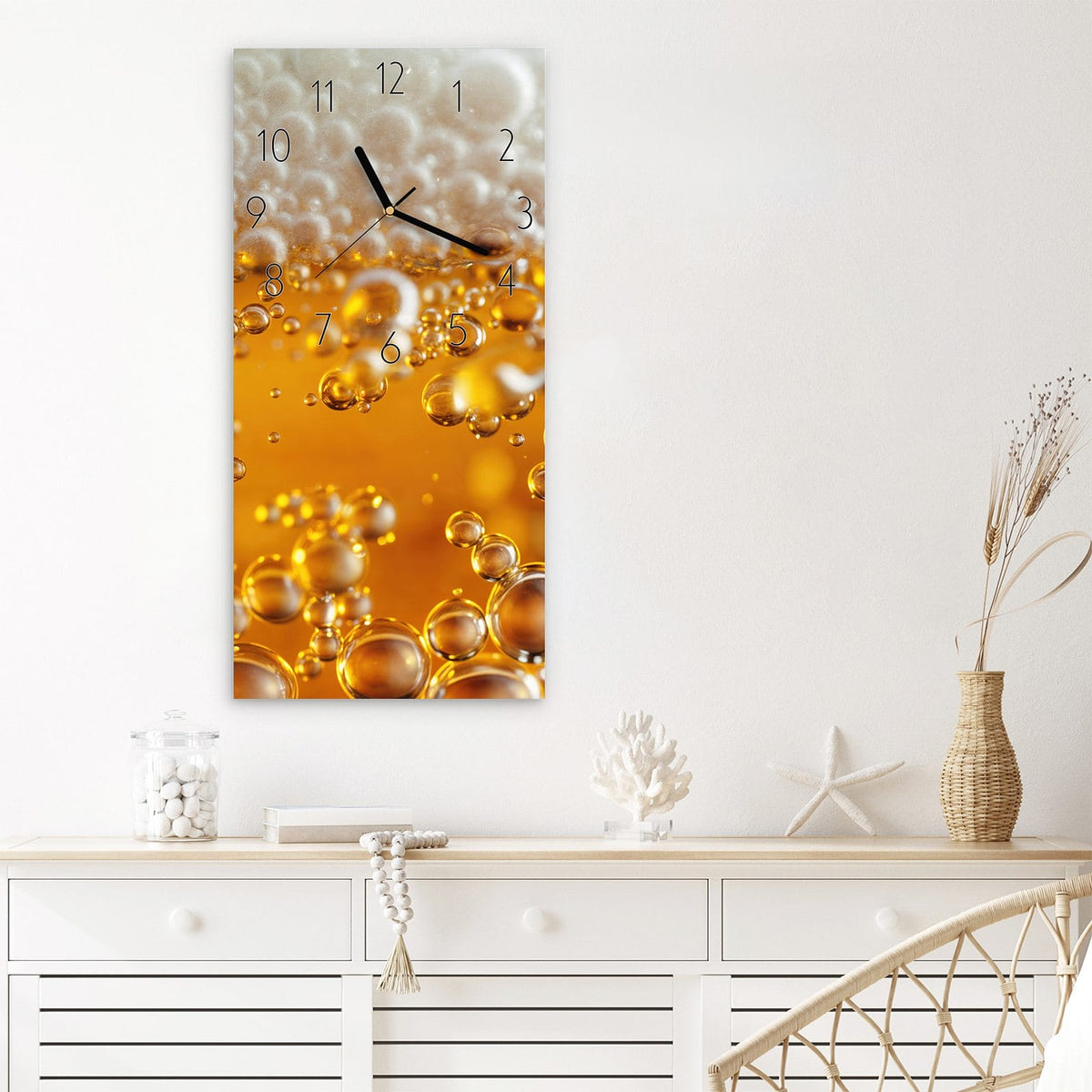 Wanduhr Goldene Champagnerblasen aus Glas – Goldene Bläschen in Bernstein