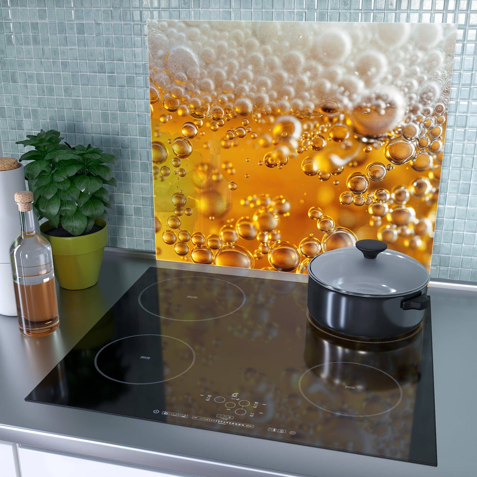 1-teilige Herdabdeckplatten für Ceranfeld mit Goldene Champagnerblasen-Motiv als Spritzschutz hinter dem Kochfeld