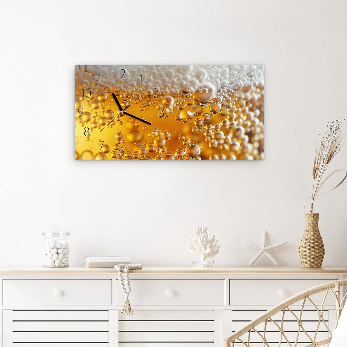 Wanduhr Goldene Champagnerblasen aus Glas – Querformat 60 × 30 cm – Goldene Bläschen in Bernstein