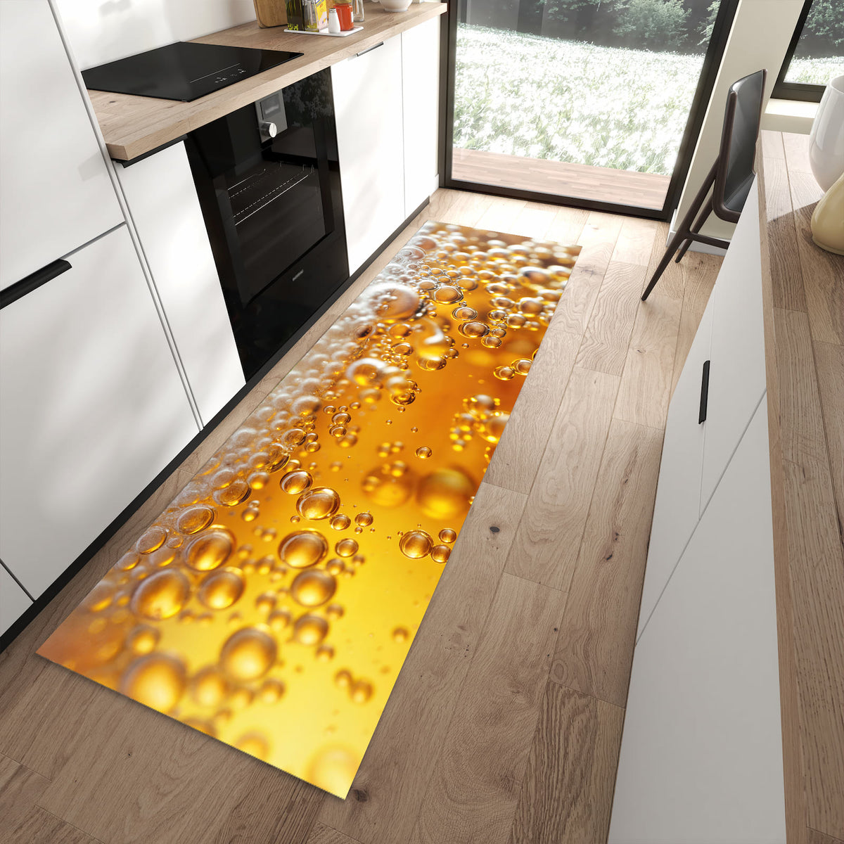Wasserabweisender Teppich für Küche mit Motiv Blasen von Sprudelnde in moderner Küche