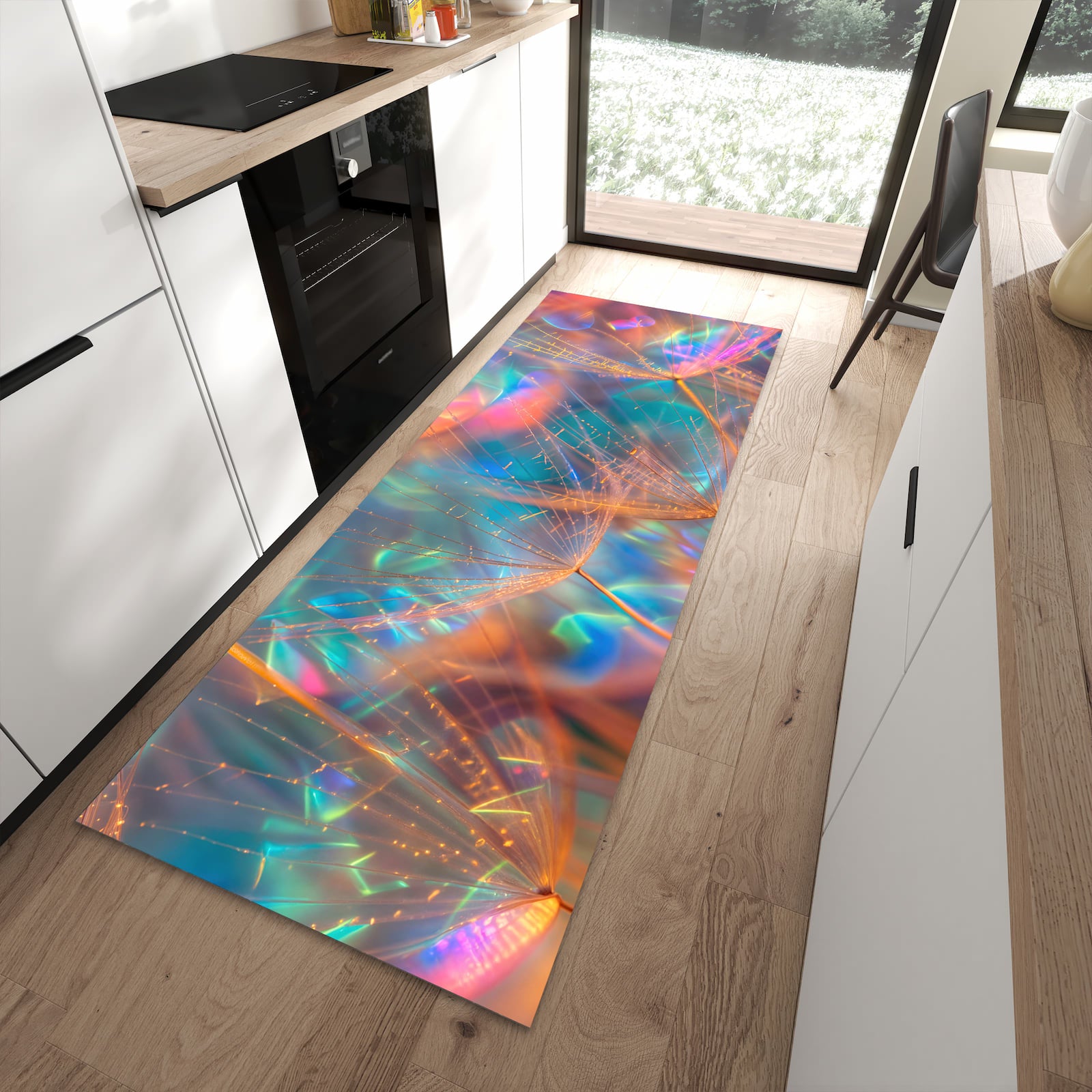 Bodenschonender rutschfester Küchenläufer mit Motiv Schimmernde Natur in moderner Küche