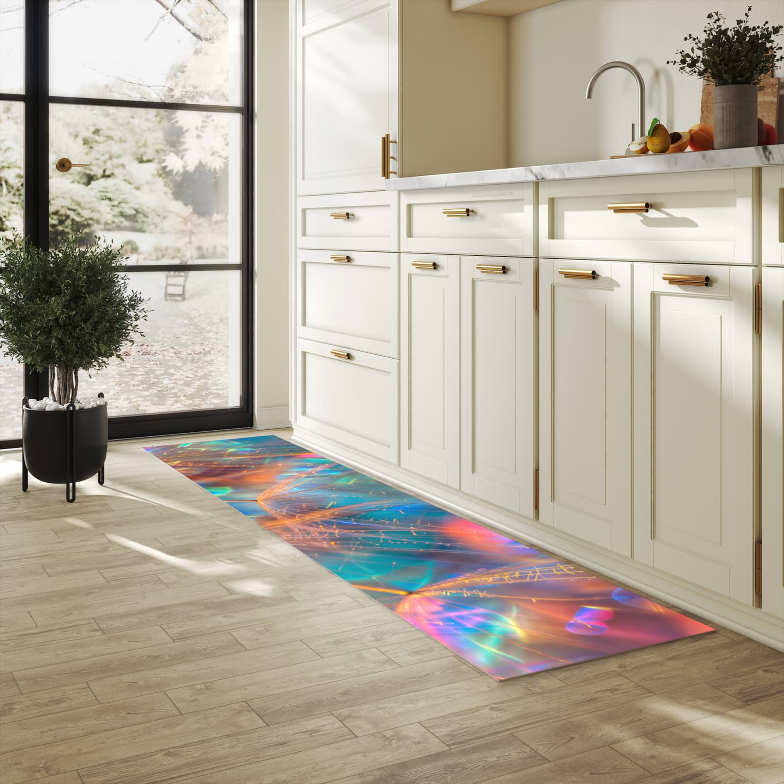 UV-beständiger Küchenläufer mit Motiv Schimmernde Natur in heller Küche