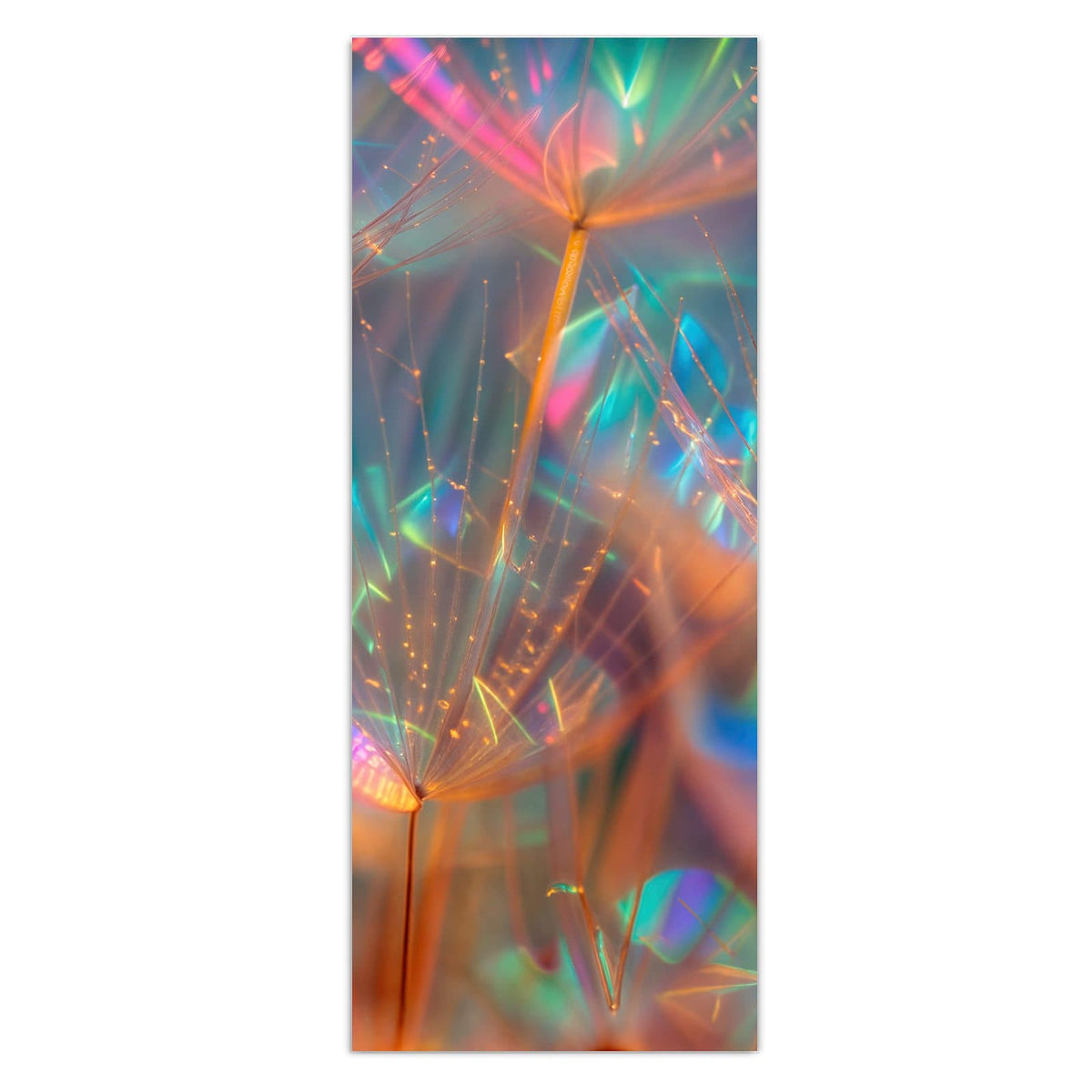 Wandbild - Bunte Pusteblume - Hochformat – Pusteblumensamen im Regenbogen-Bokeh
