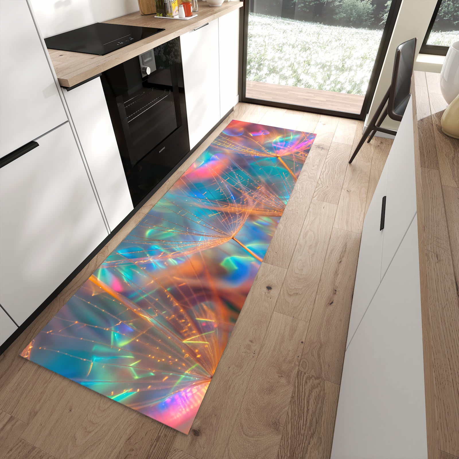 Rutschfester Küchenläufer mit Motiv Schimmernde Natur in moderner Küche