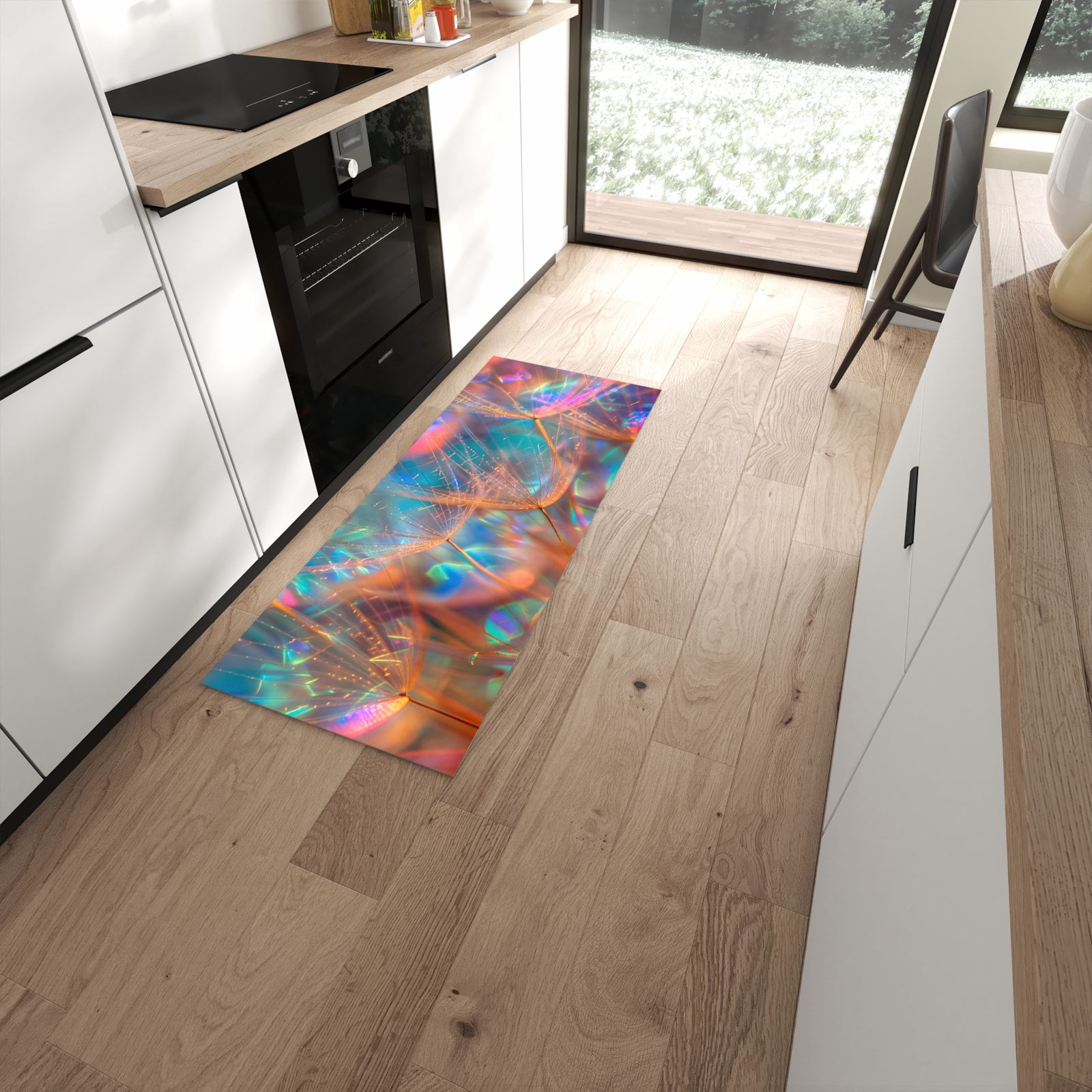 Rutschfester waschbarer Küchenteppich mit Motiv Schimmernde Natur in moderner Küche #grösse_60 x 150 cm