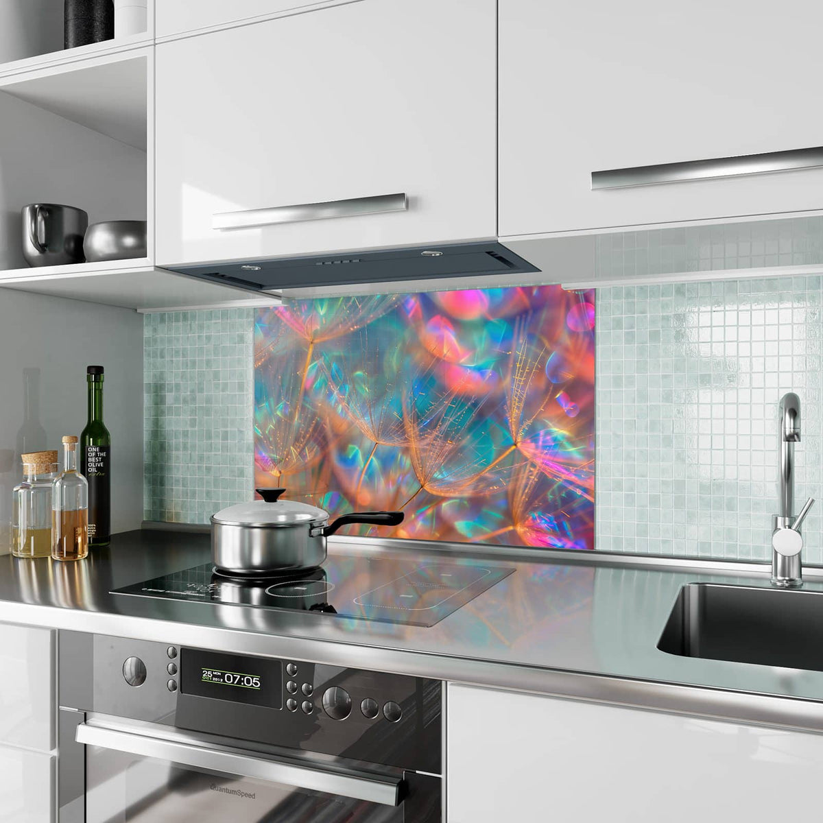 Küchenrückwand aus Glas Bunte Pusteblume im Hochformat als Spritzschutz hinter dem Kochfeld, über dem Fliesenspiegel montiert