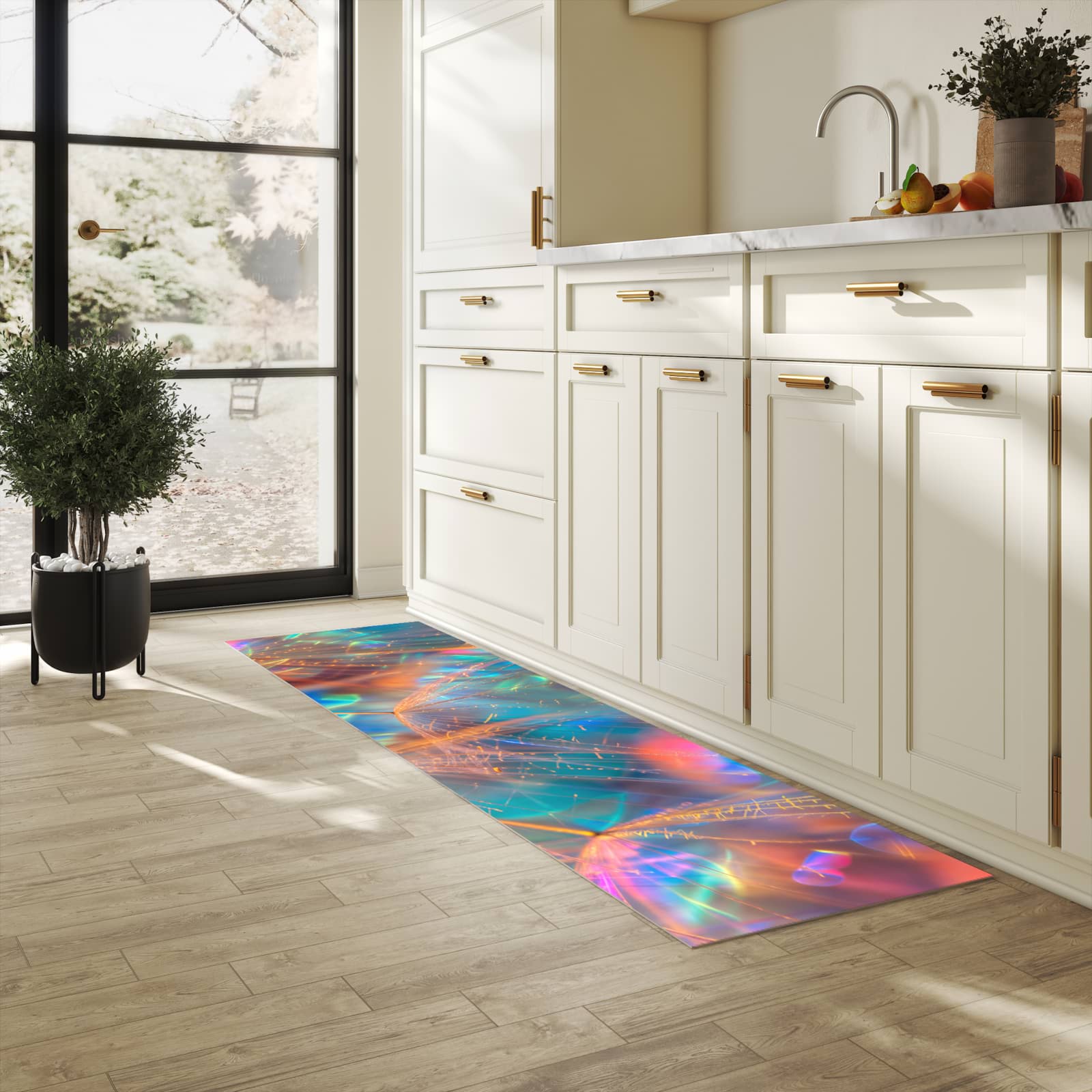 Abriebfester Küchenläufer mit Motiv Schimmernde Natur in heller Küche