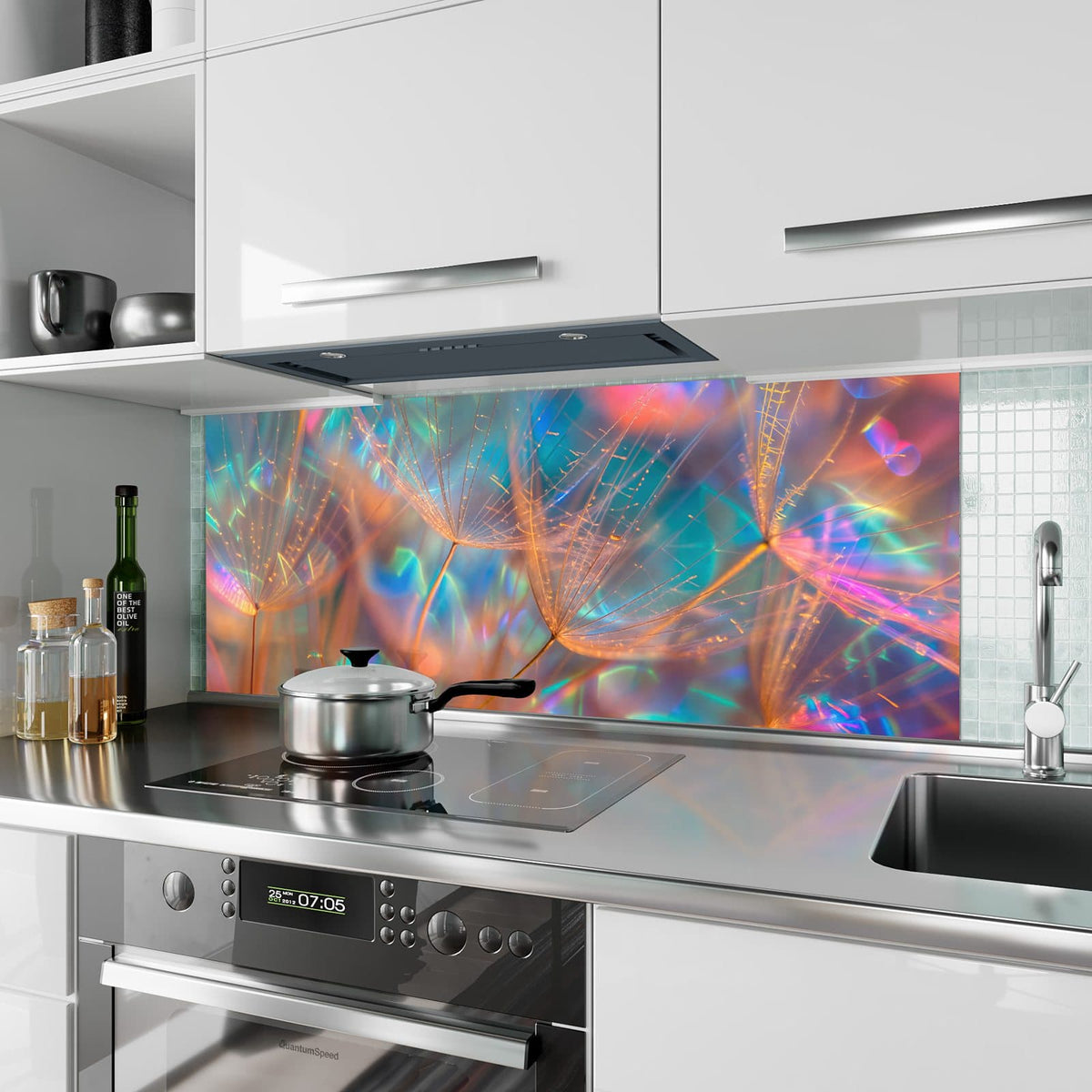 Küchenrückwand aus Glas Bunte Pusteblume im Hochformat als Spritzschutz hinter dem Kochfeld, über dem Fliesenspiegel montiert