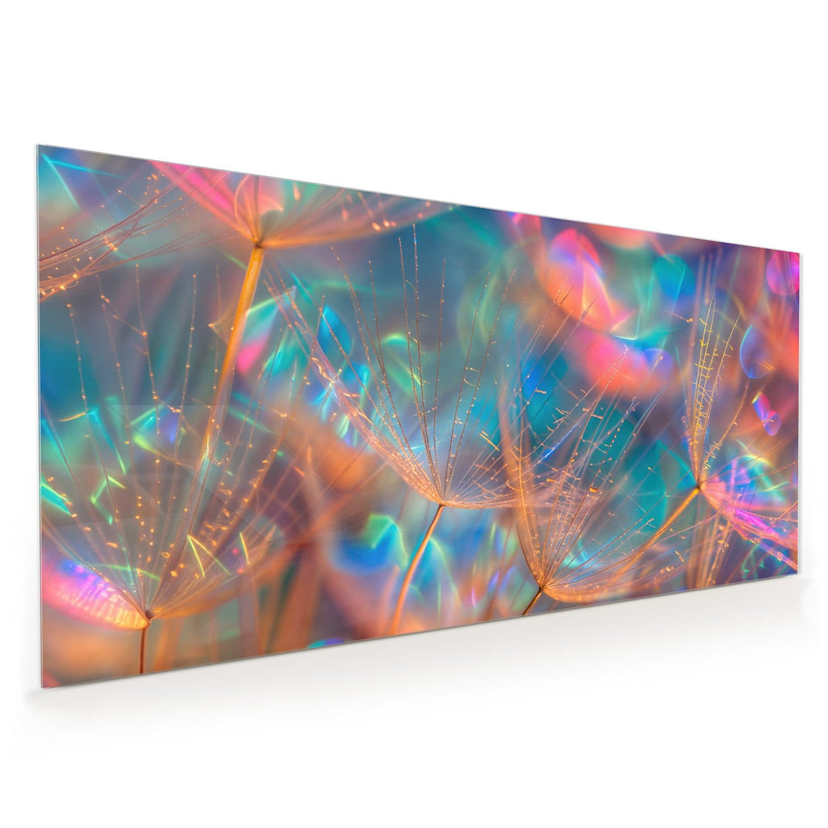 Küchenrückwand aus Glas im Hochformat mit Motiv Bunte Pusteblume: Samenschirmchen vor schillerndem Regenbogen-Bokeh in Pink, Türkis und Orange.