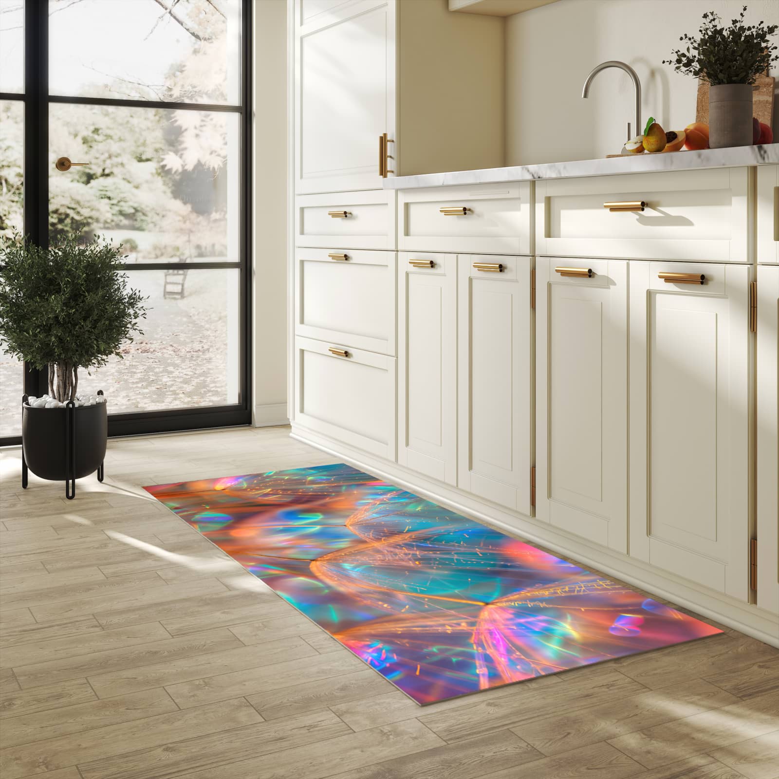 Fleckenresistenter rutschfester Küchenläufer mit Motiv Schimmernde Natur in heller Küche