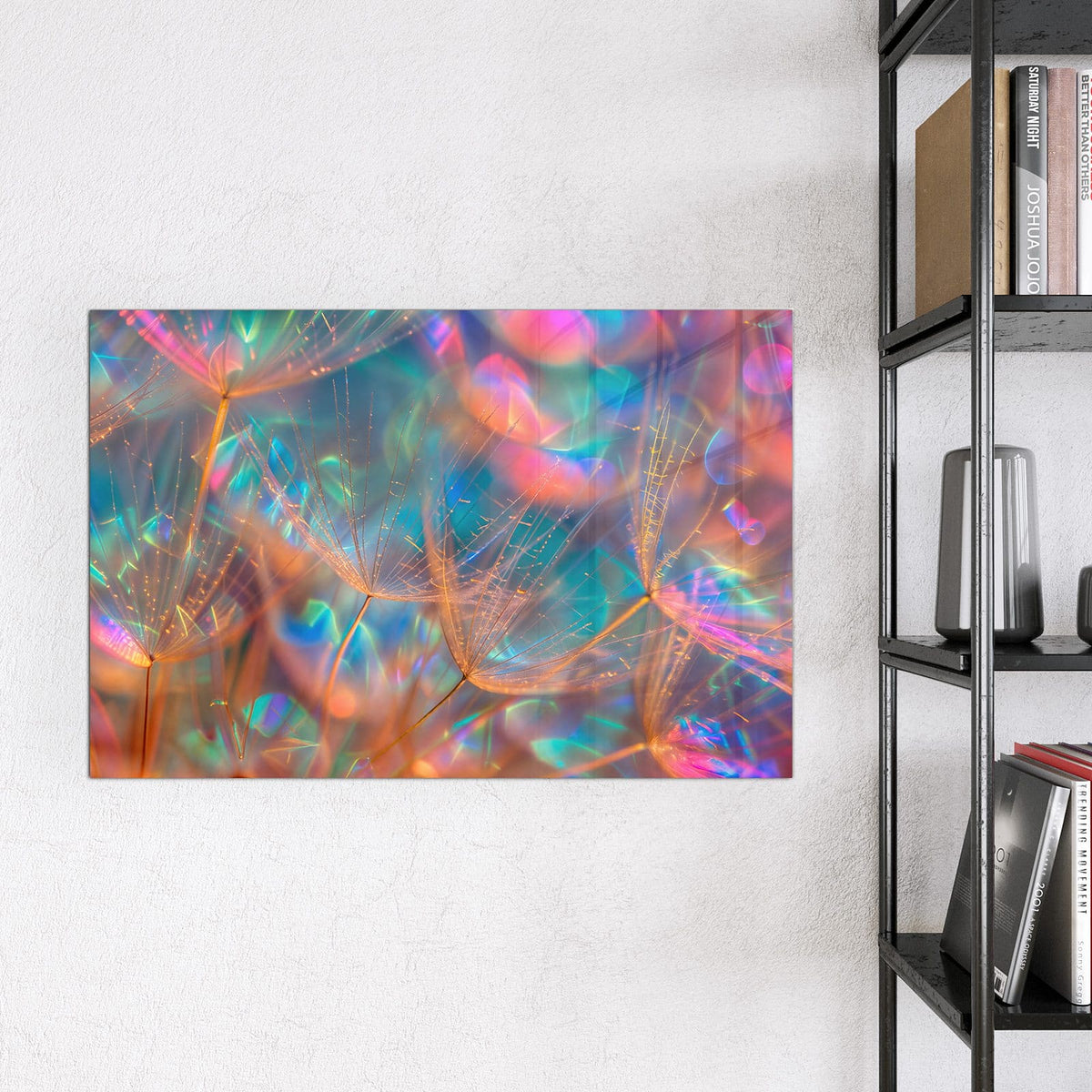 Magnettafel - Bunte Pusteblume – Pusteblumensamen im Regenbogen-Bokeh