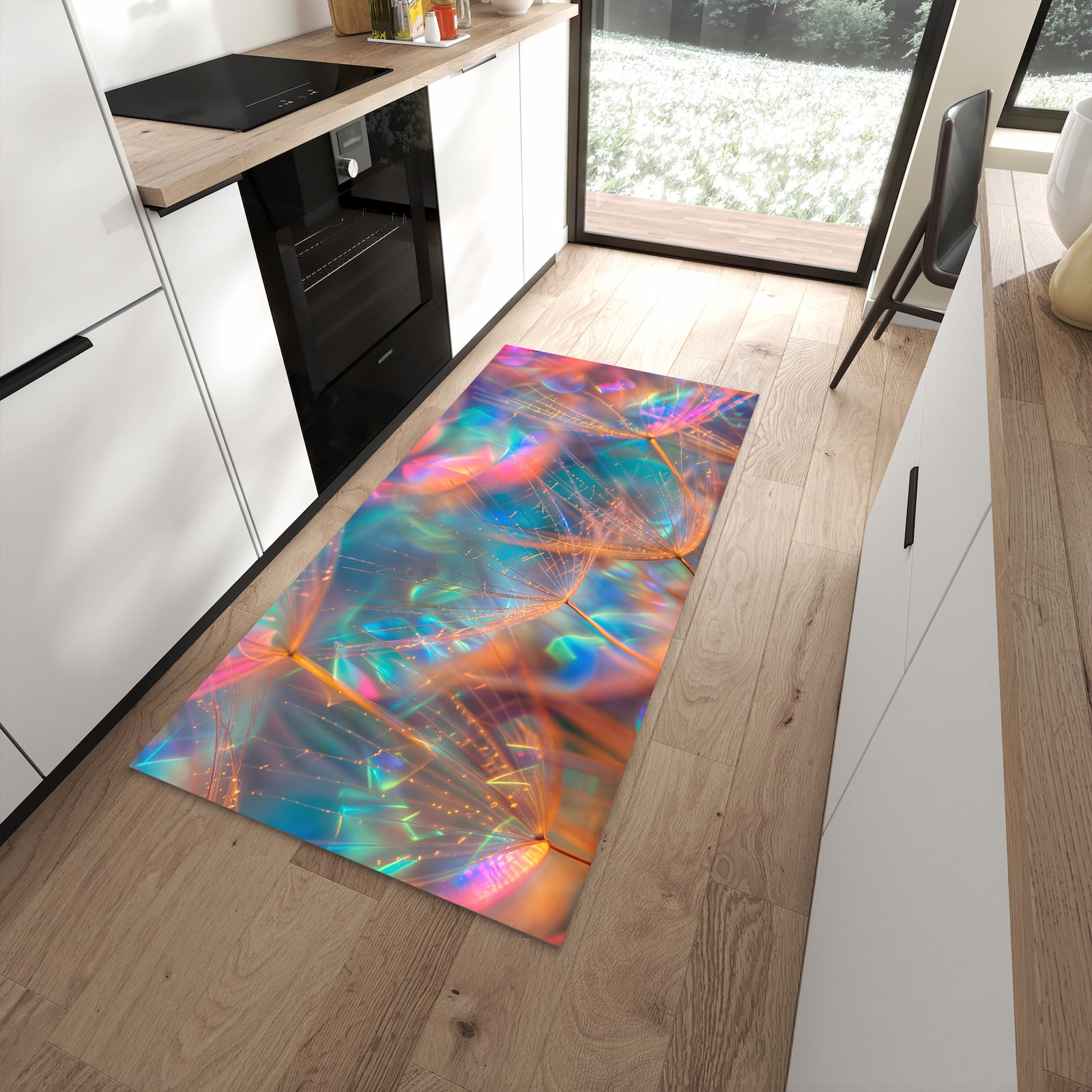 Waschbarer Küchenläufer mit Motiv Schimmernde Natur für Ordnung in moderner Küche