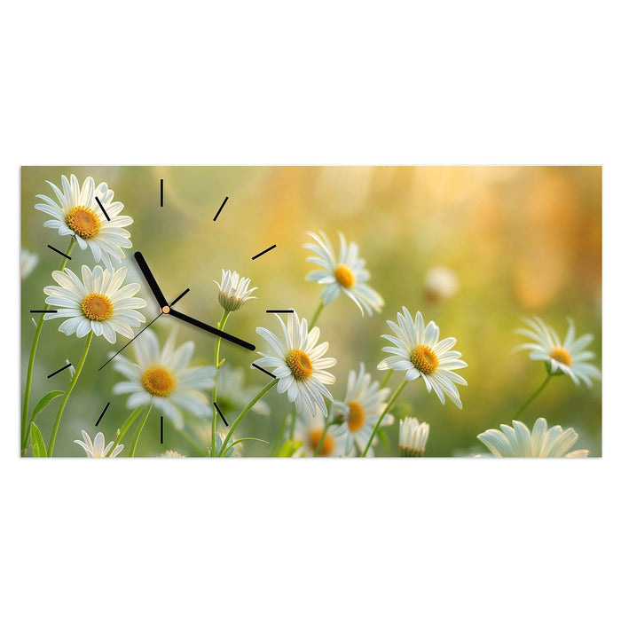 Wanduhr Blühende Gänseblümchen aus Glas – Querformat 60 × 30 cm mit Ziffernblatt Linie