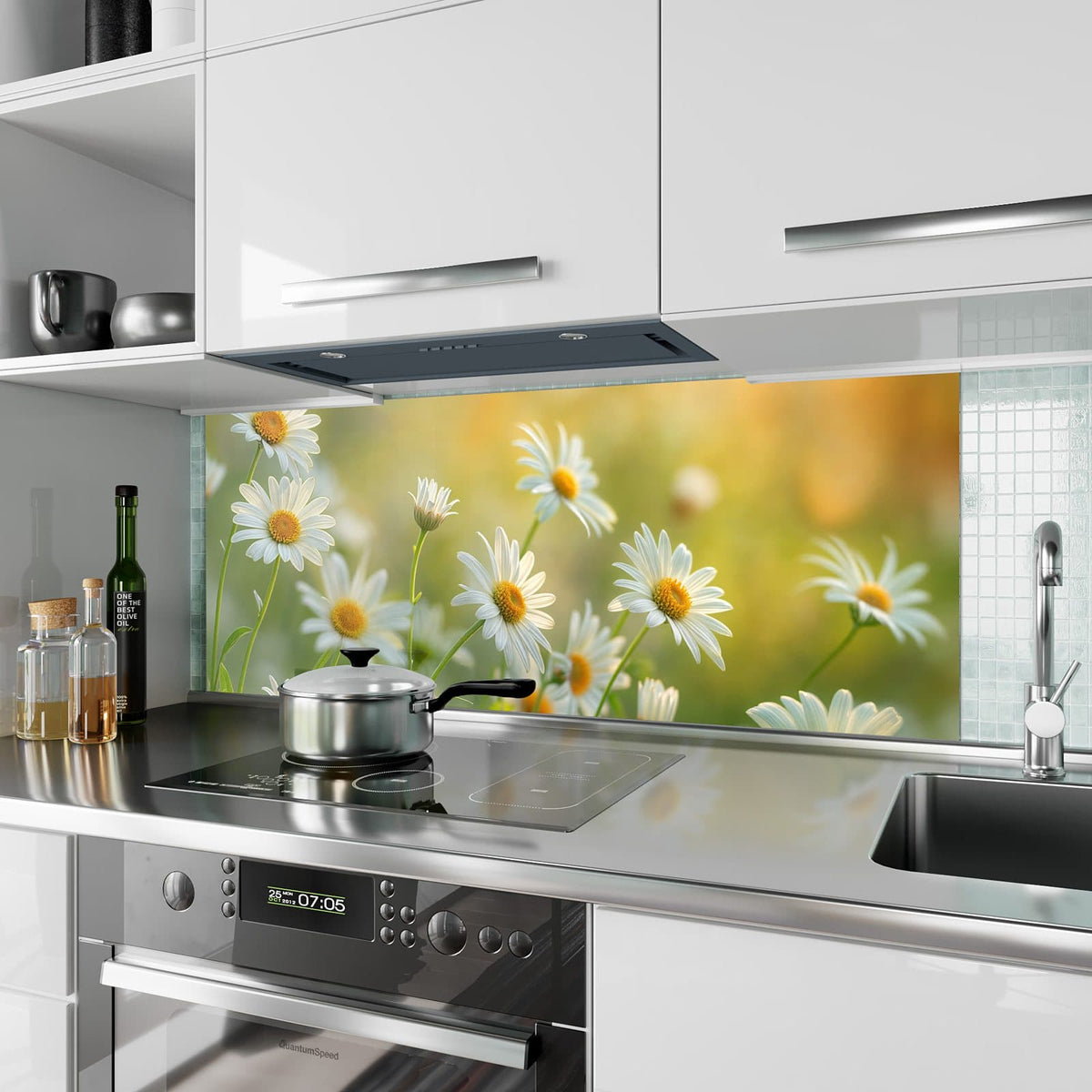 Küchenrückwand aus Glas Weiße Margeriten im Hochformat als Spritzschutz hinter dem Kochfeld, über dem Fliesenspiegel montiert