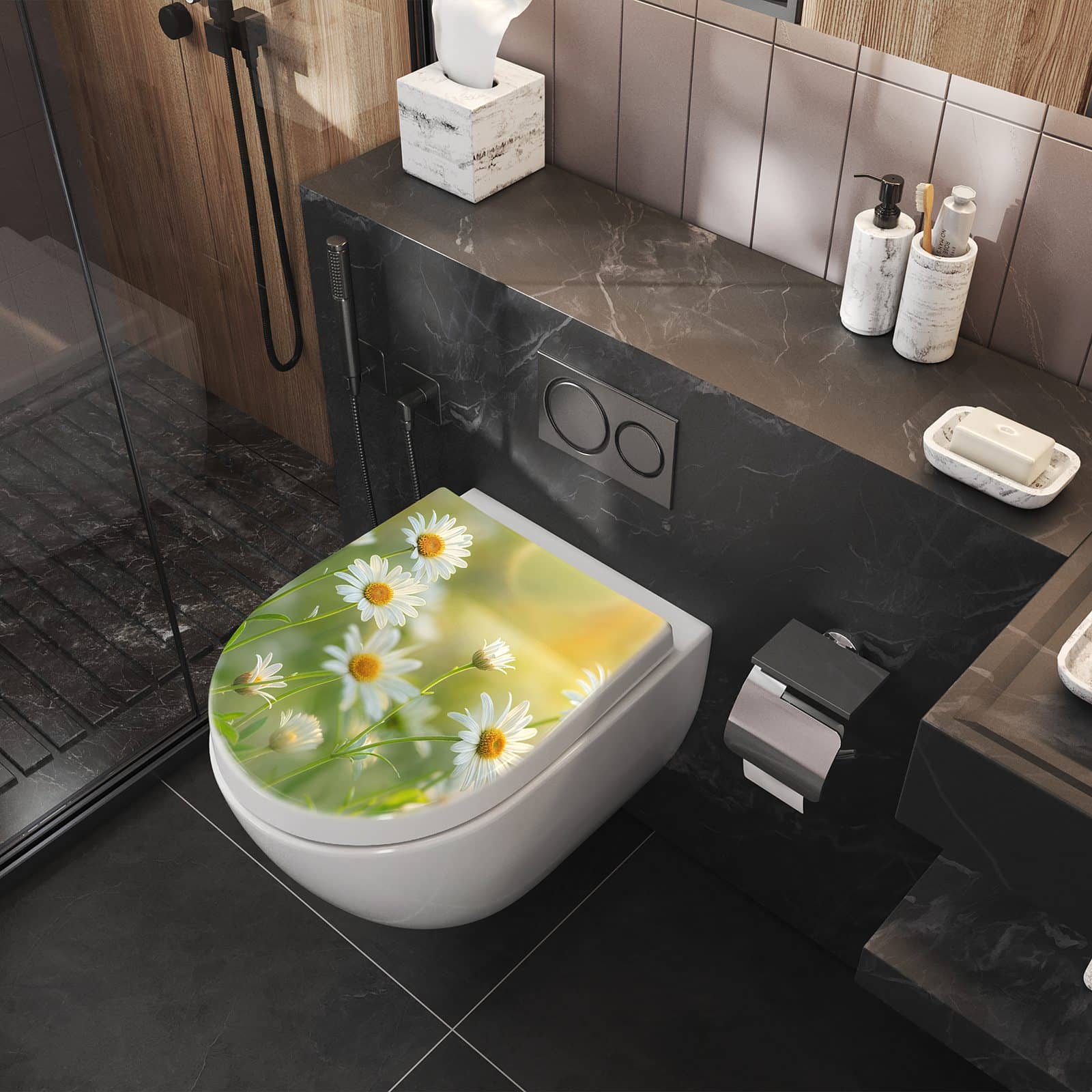 WC-Sitz mit Absenkautomatik Blühende Gänseblümchen