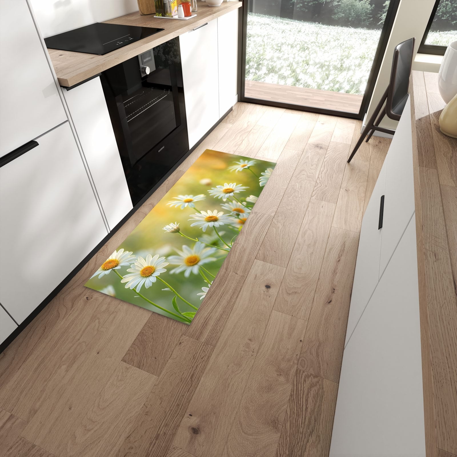 UV-beständiger Küchenläufer mit Motiv Blühende Gänseblümchen in moderner Küche - waschbar #grösse_60 x 150 cm