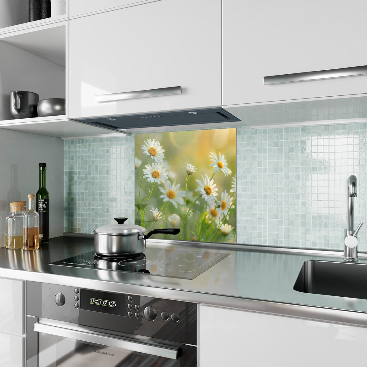 Küchenrückwand aus Glas Weiße Margeriten im quadratischen Format als Spritzschutz hinter dem Kochfeld, über dem Fliesenspiegel montiert