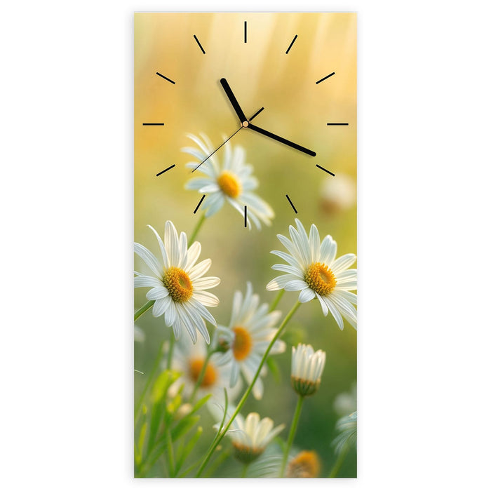 Wanduhr Blühende Gänseblümchen aus Glas – Hochformat 30 × 60 cm mit Ziffernblatt Linie