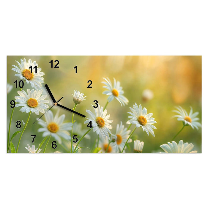 Wanduhr Blühende Gänseblümchen aus Glas – Querformat 60 × 30 cm mit Ziffernblatt Modern