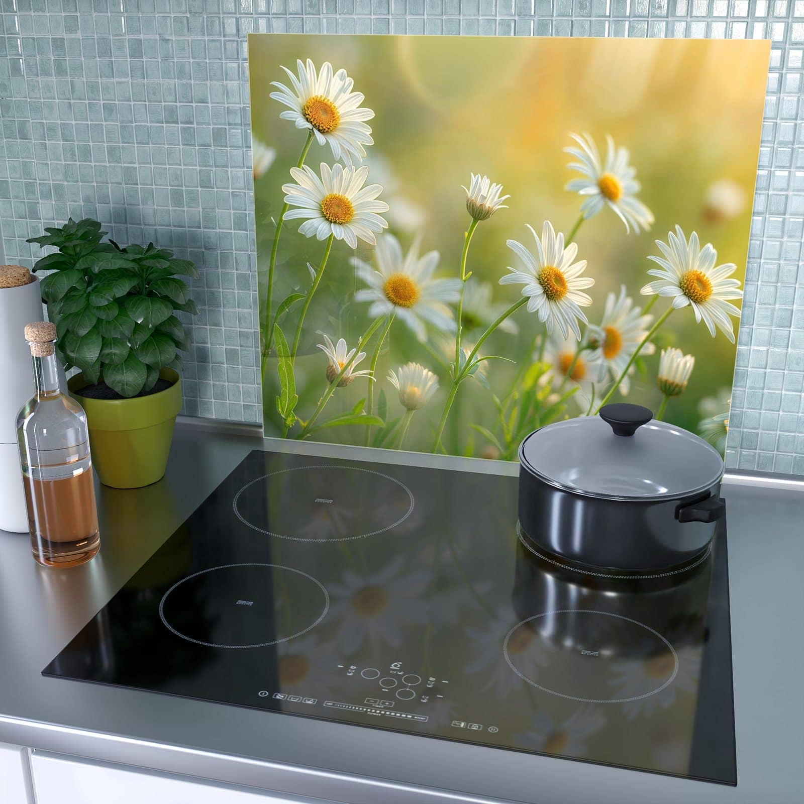 1-teilige Abdeckplatten für Herd mit Blühende Gänseblümchen-Motiv als Spritzschutz hinter dem Kochfeld