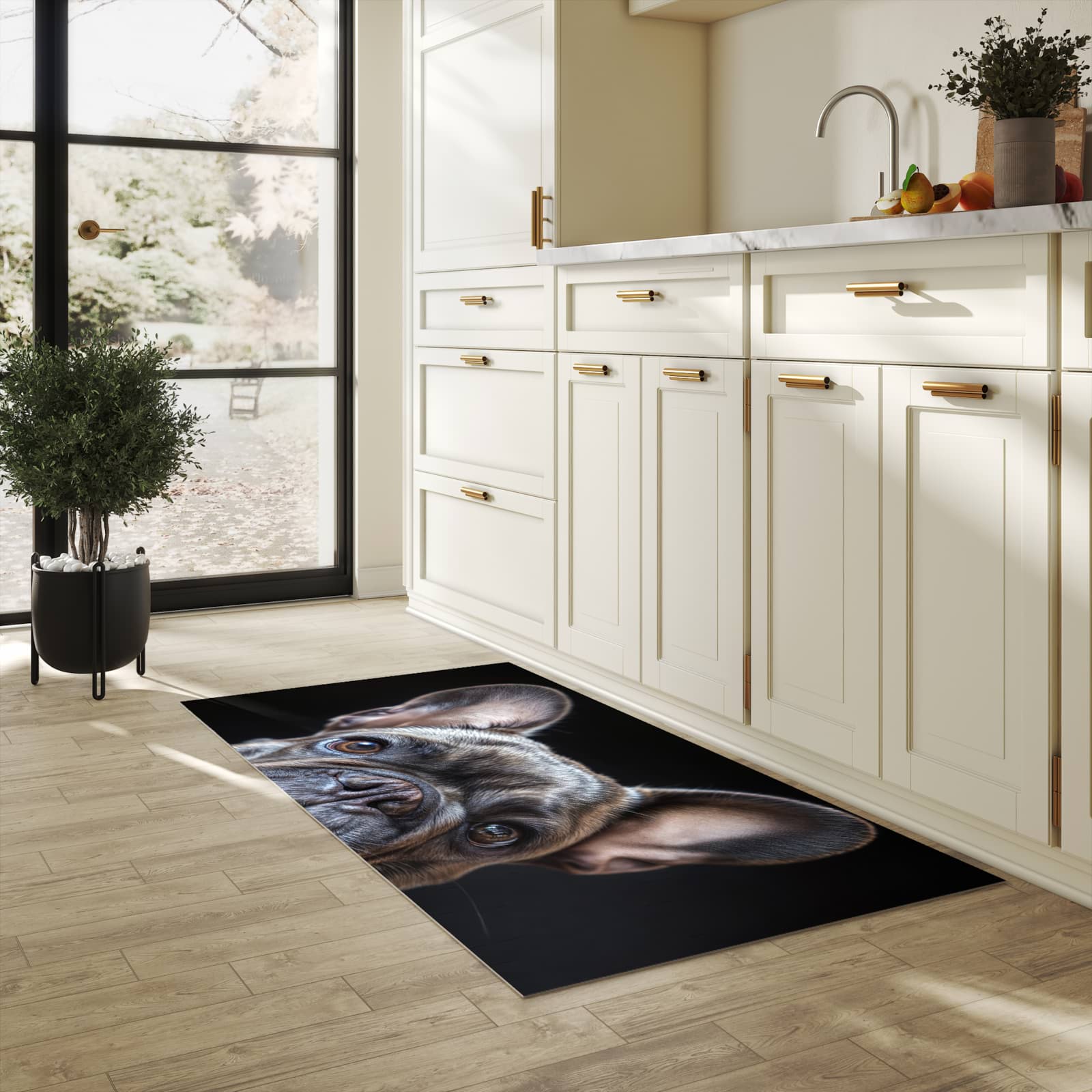 Rutschhemmender Küchenläufer mit Motiv Bulldoggenportrait in heller Küche