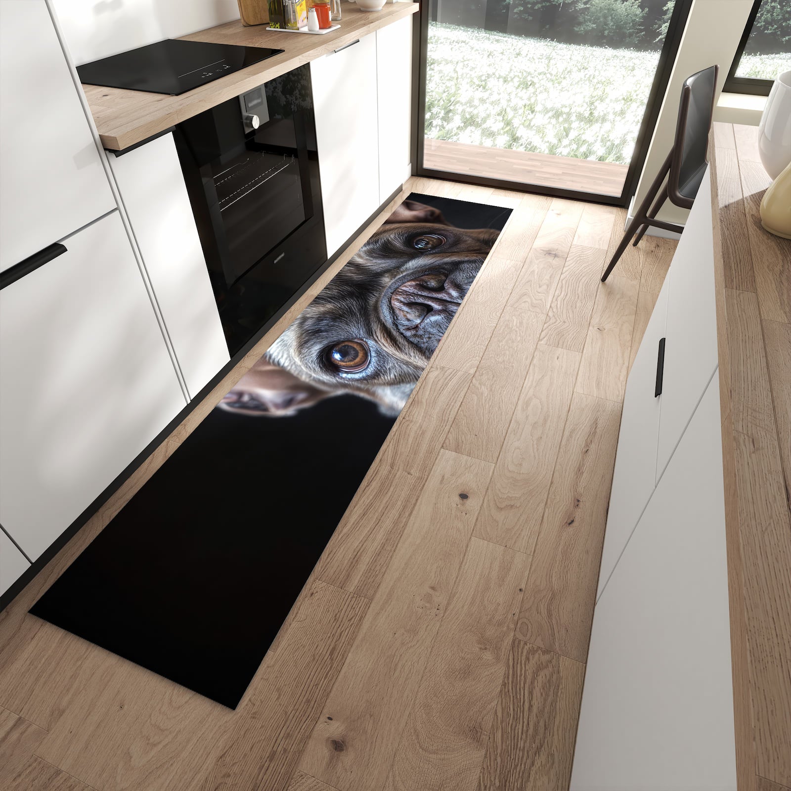 Feuchtigkeitsresistenter Küchenläufer mit Motiv Bulldoggenportrait in moderner Küche
