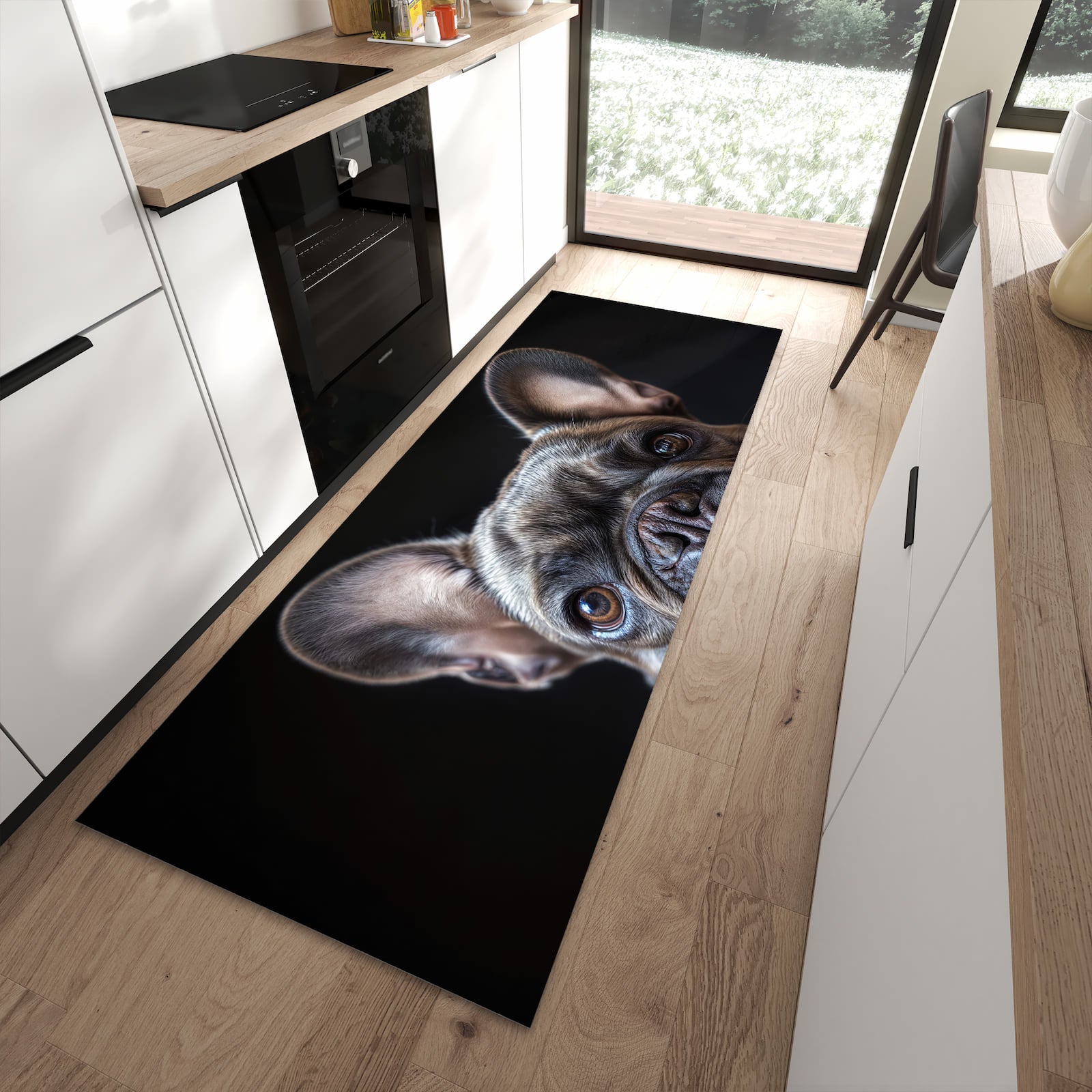 Geräuschdämpfender Küchenläufer mit Motiv Bulldoggenportrait in moderner Küche