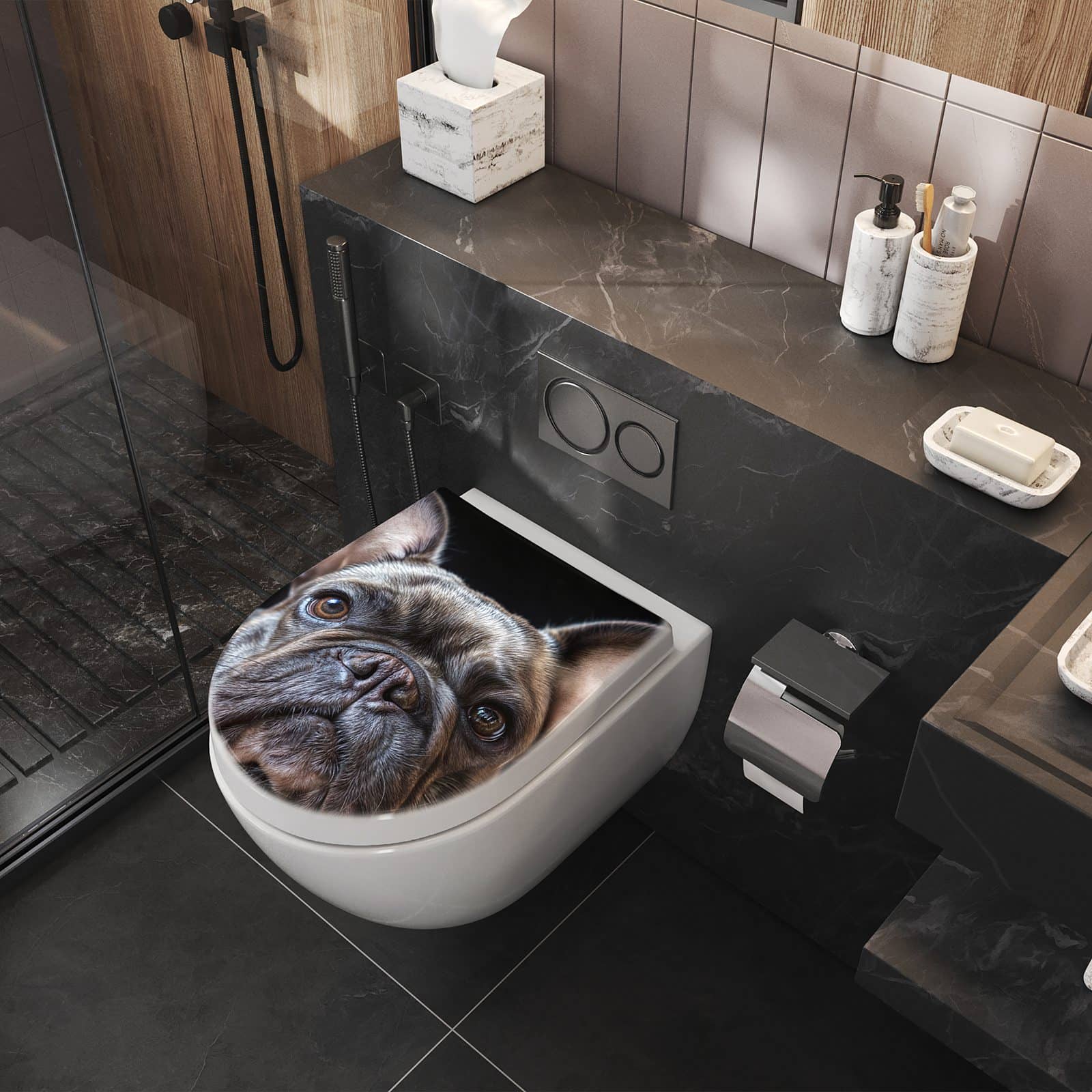 WC-Sitz mit Absenkautomatik Bulldoggenportrait