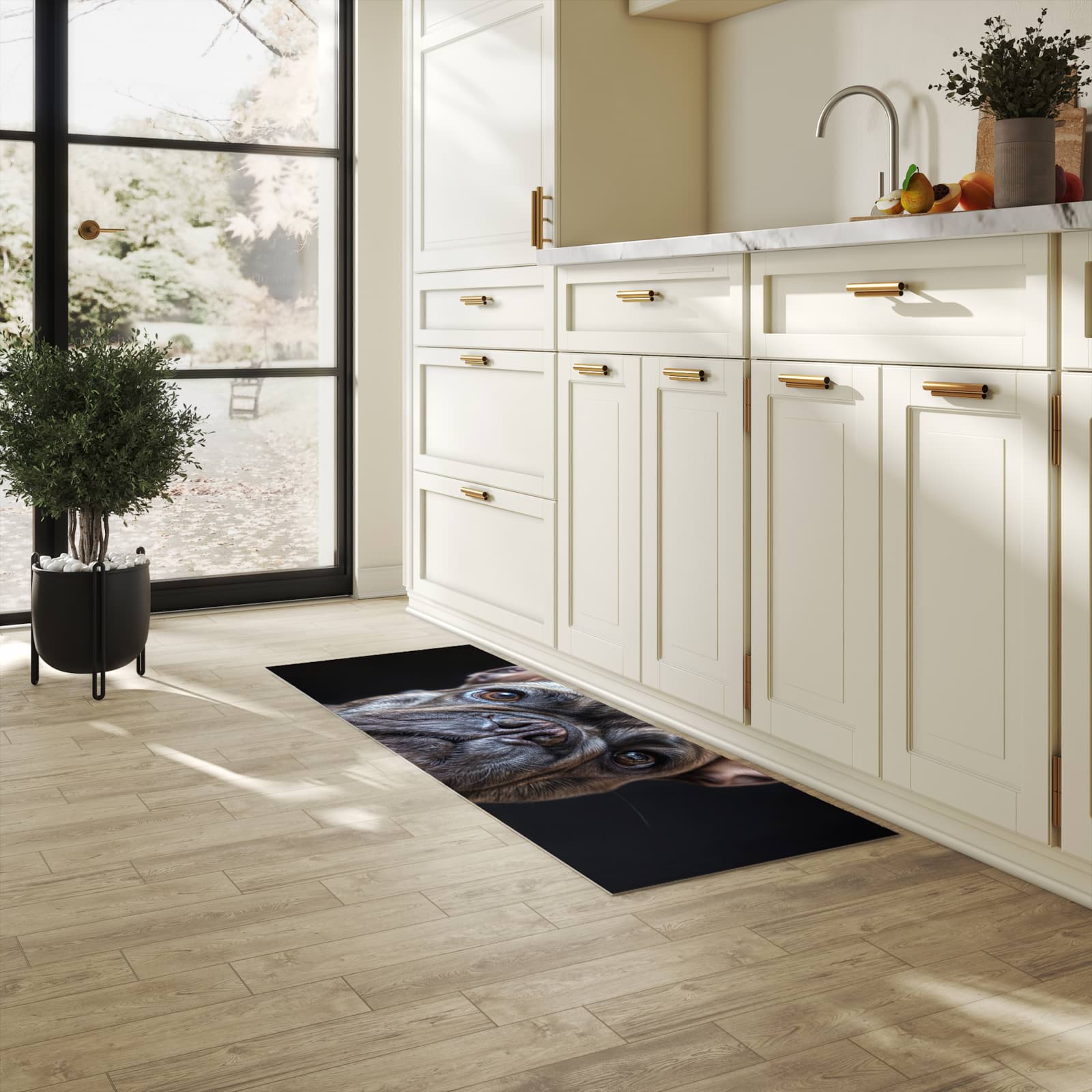 Rutschfester Küchenläufer mit Motiv Bulldoggenportrait für Trittkomfort in heller Küche