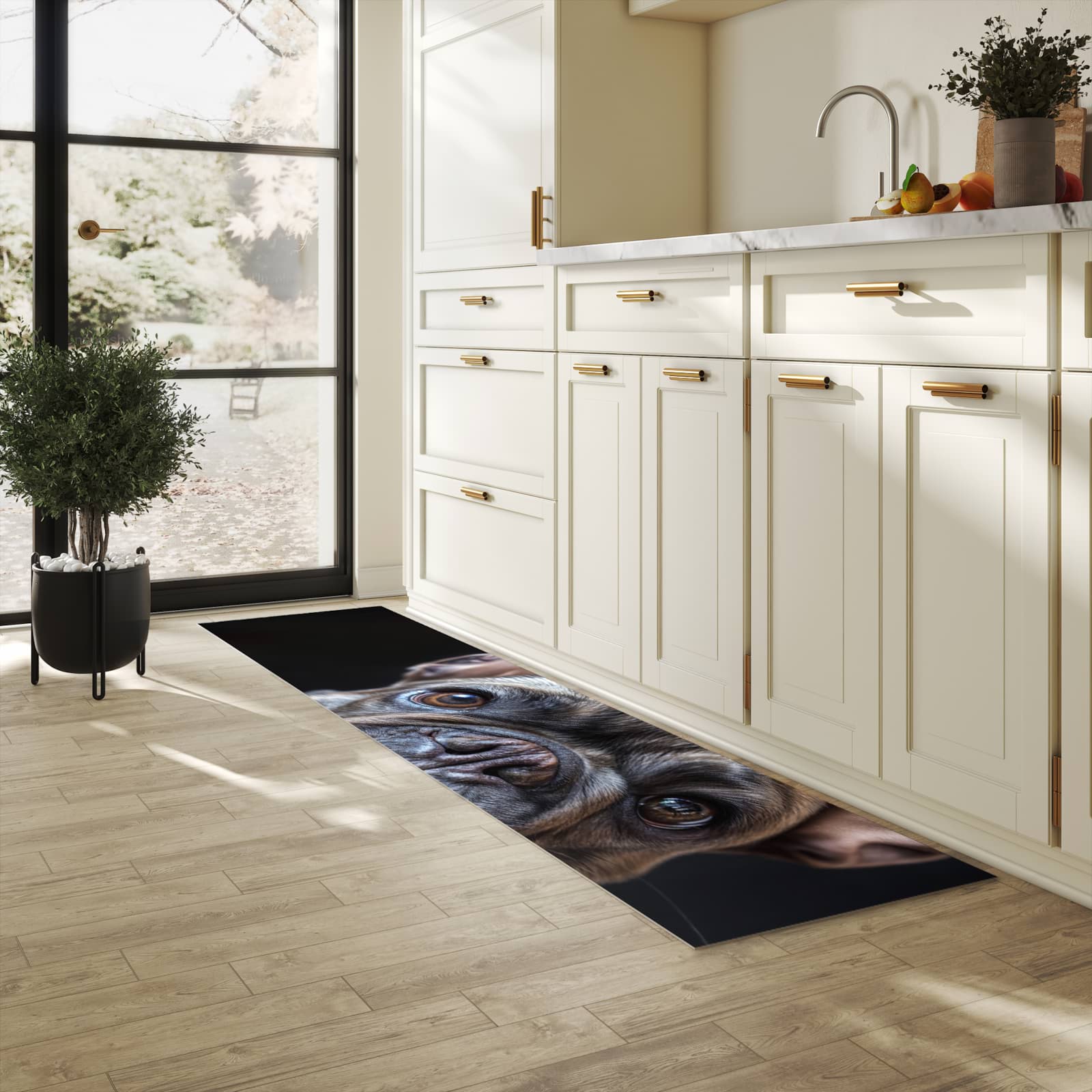 Fleckenresistenter rutschfester Küchenläufer mit Motiv Bulldoggenportrait in heller Küche