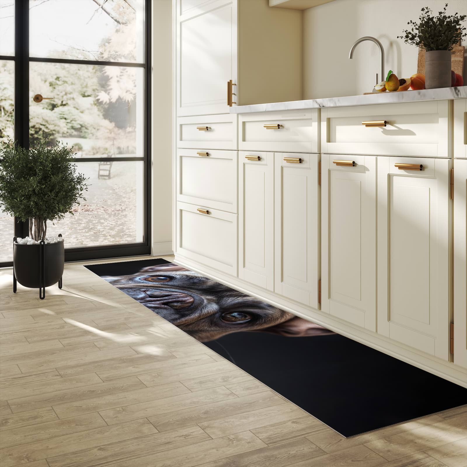 Schmutzabweisender Küchenläufer mit Motiv Bulldoggenportrait in heller Küche