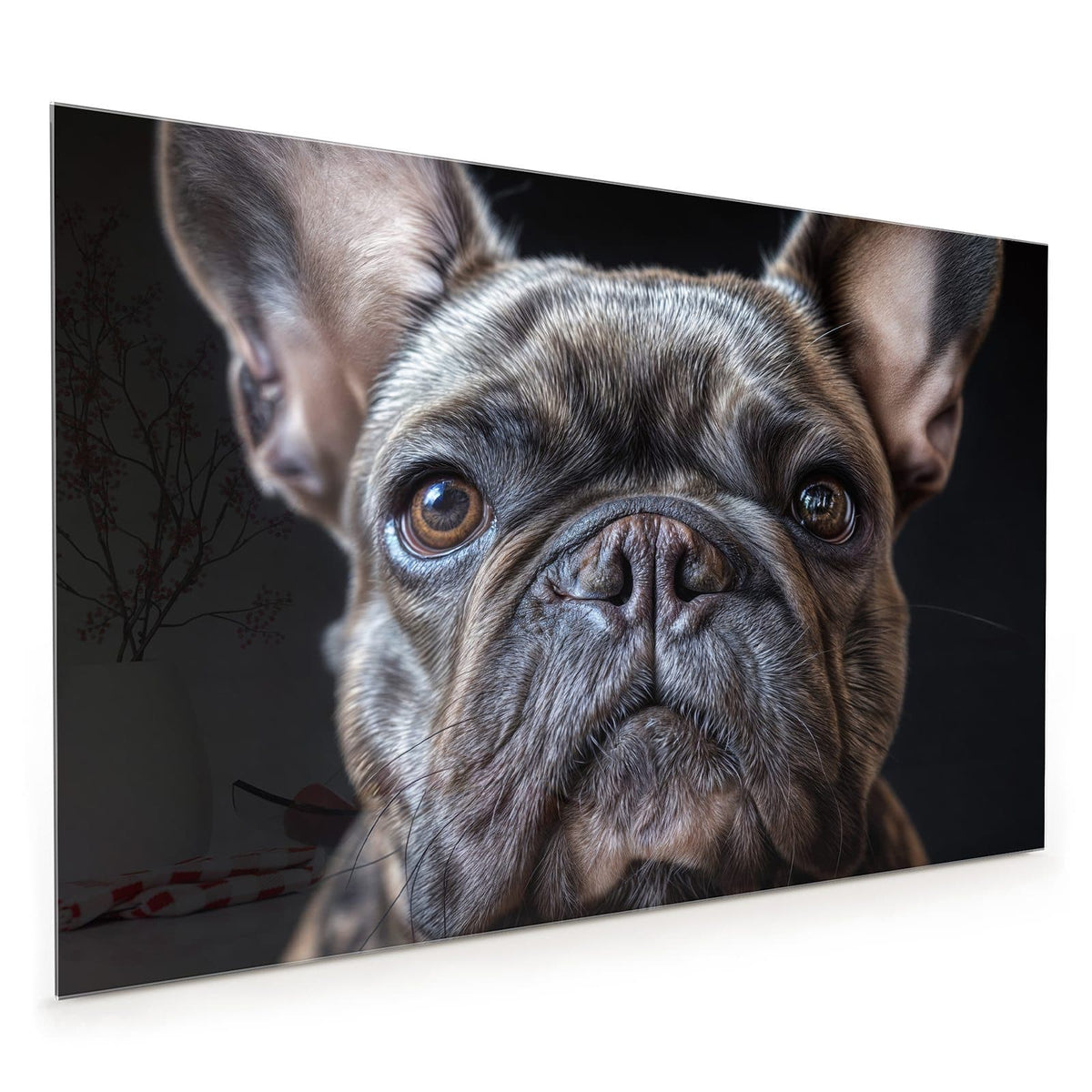 Küchenrückwand aus Glas im Hochformat mit Motiv Hundeporträt: Französische Bulldogge, Kopf formatfüllend vor schwarzem Hintergrund