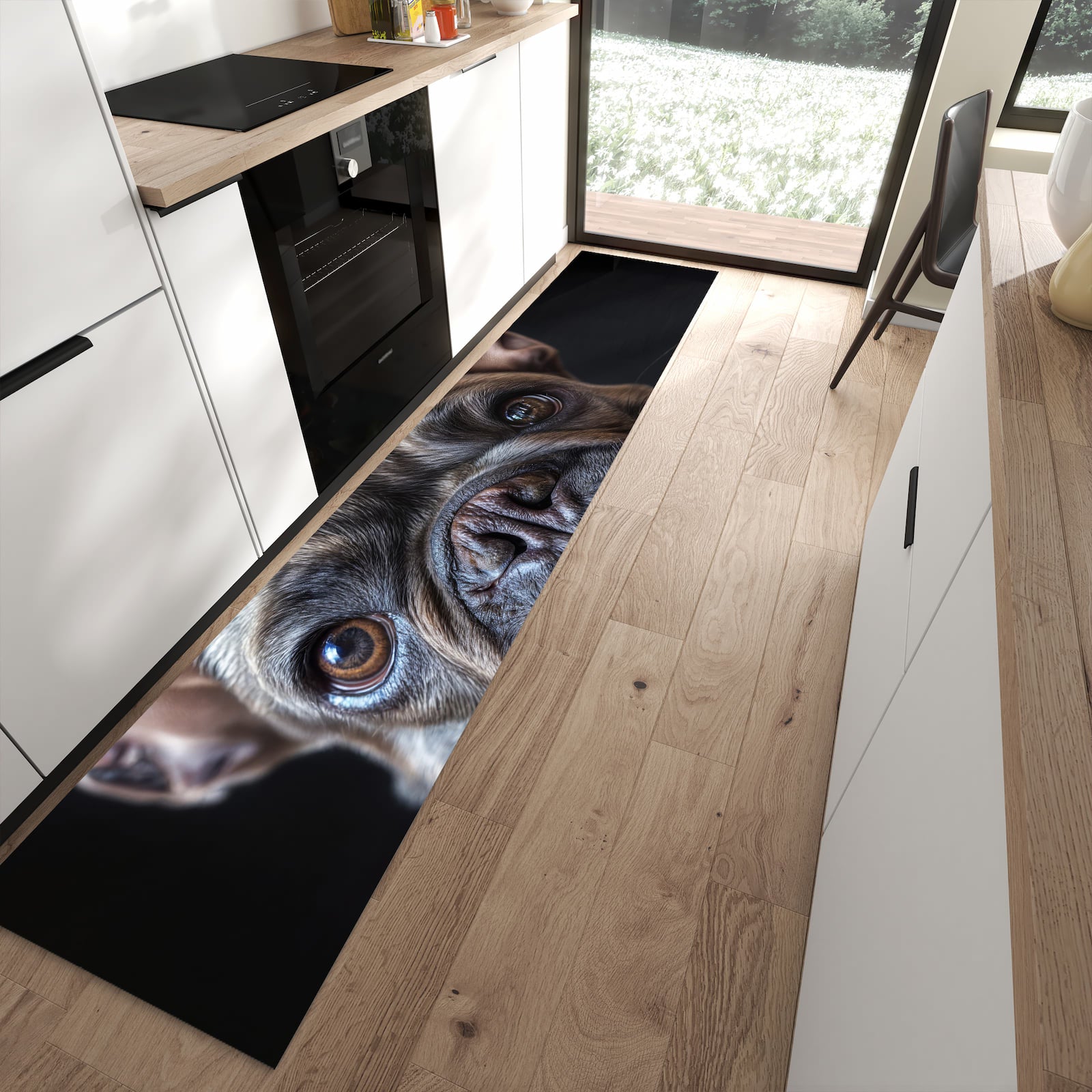 Bodenschonender Küchenläufer mit Motiv Bulldoggenportrait in moderner Küche