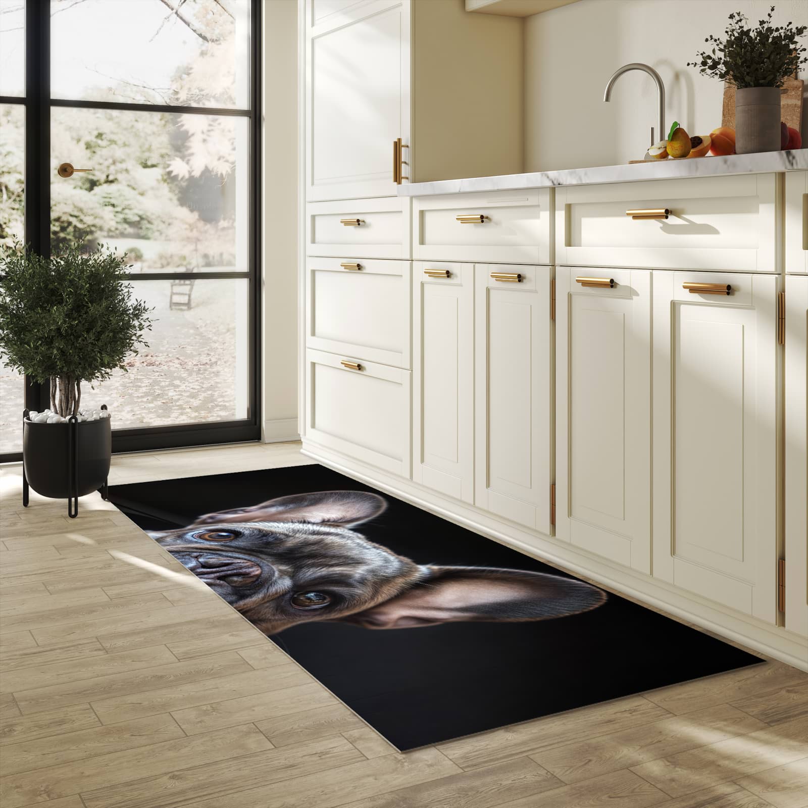 Abwaschbarer Küchenteppich mit Motiv Bulldoggenportrait in heller Küche