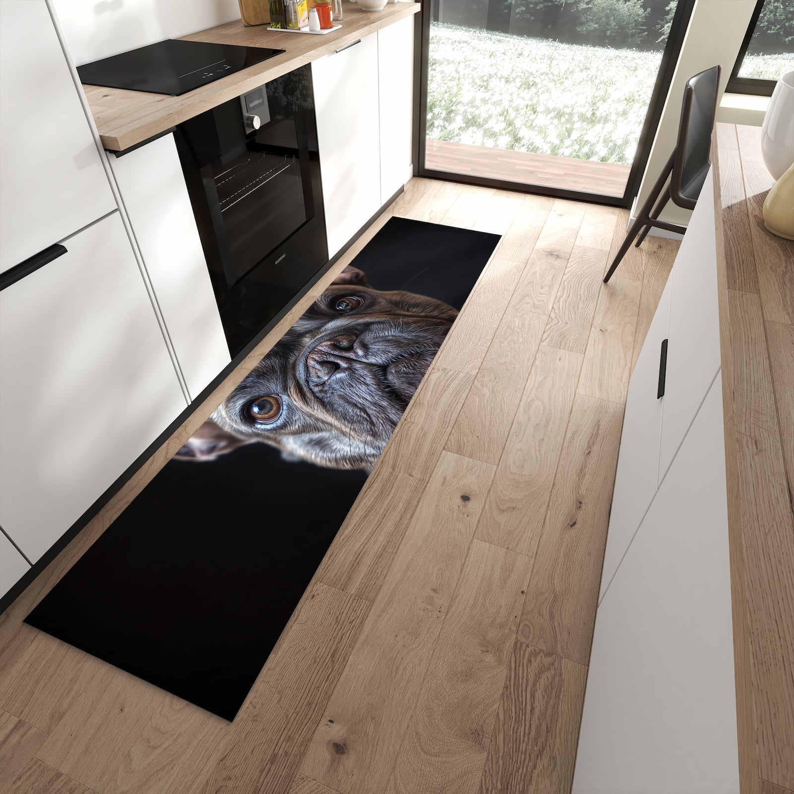 Rutschfester Küchenteppich mit Motiv Bulldoggenportrait in moderner Küche