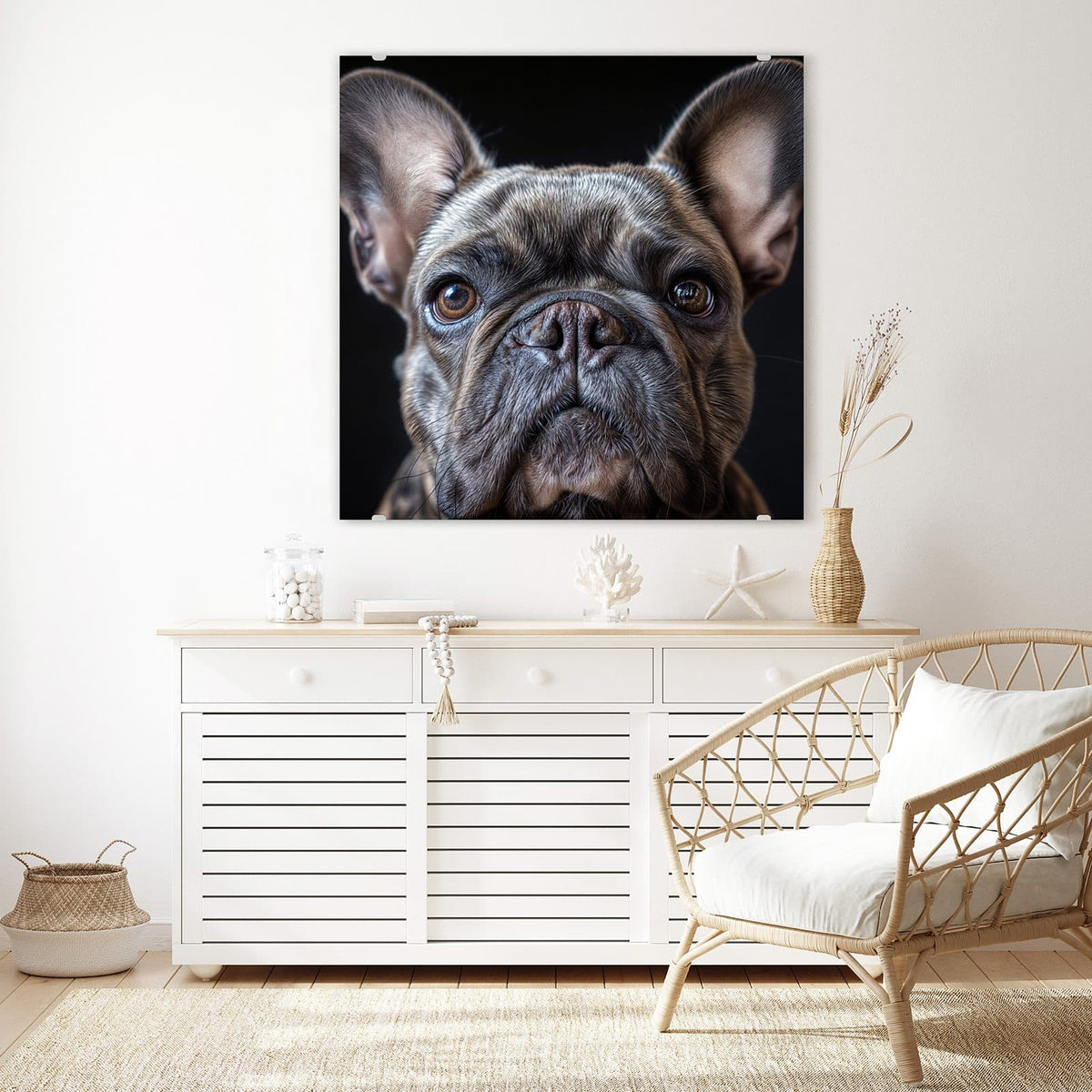Glasbild Hundeporträt an der Wand – Französische Bulldogge, Kopf formatfüllend vor schwarzem Hintergrund