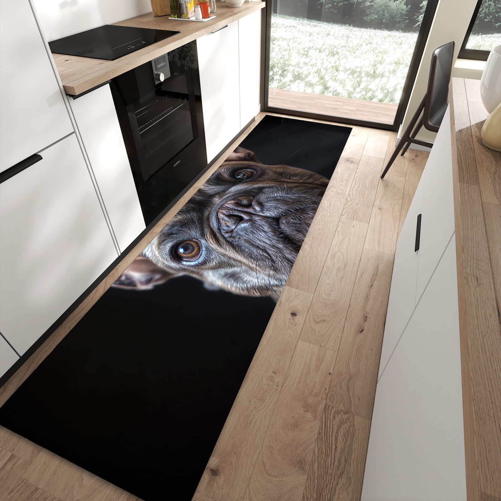 Waschbarer Küchenläufer mit Motiv Bulldoggenportrait in moderner Küche für sicheres Aufbewahren