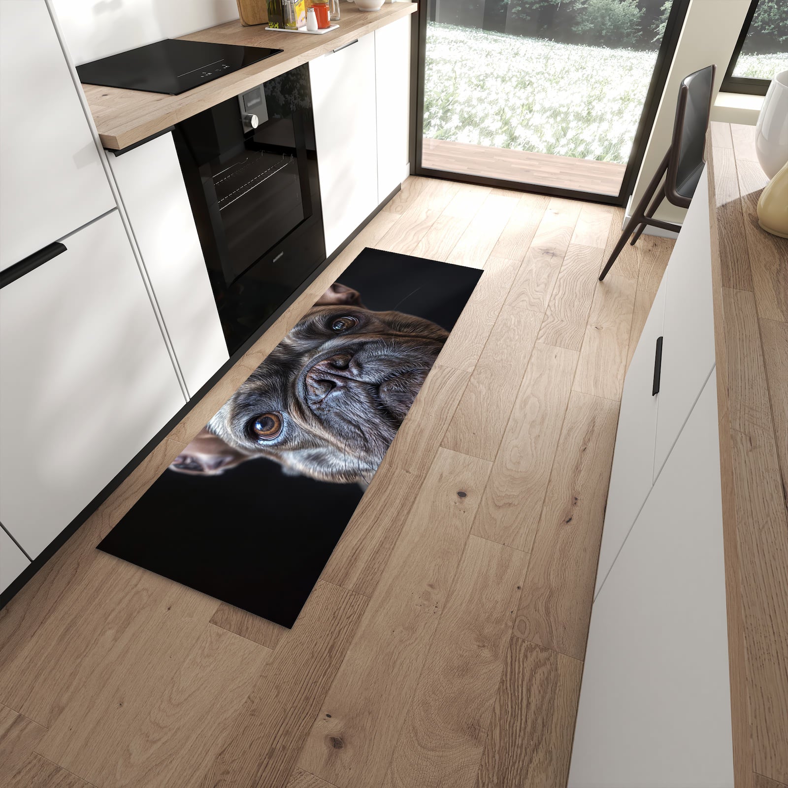 Langlebiger rutschfester Küchenteppich mit Motiv Bulldoggenportrait in moderner Küche